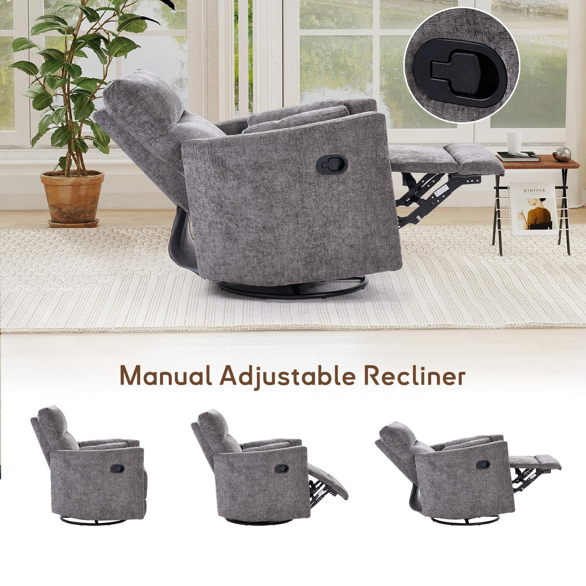 Bonzy Home Swivel Rocker Recliner Chair, Glider Rocker Recliner, Gray