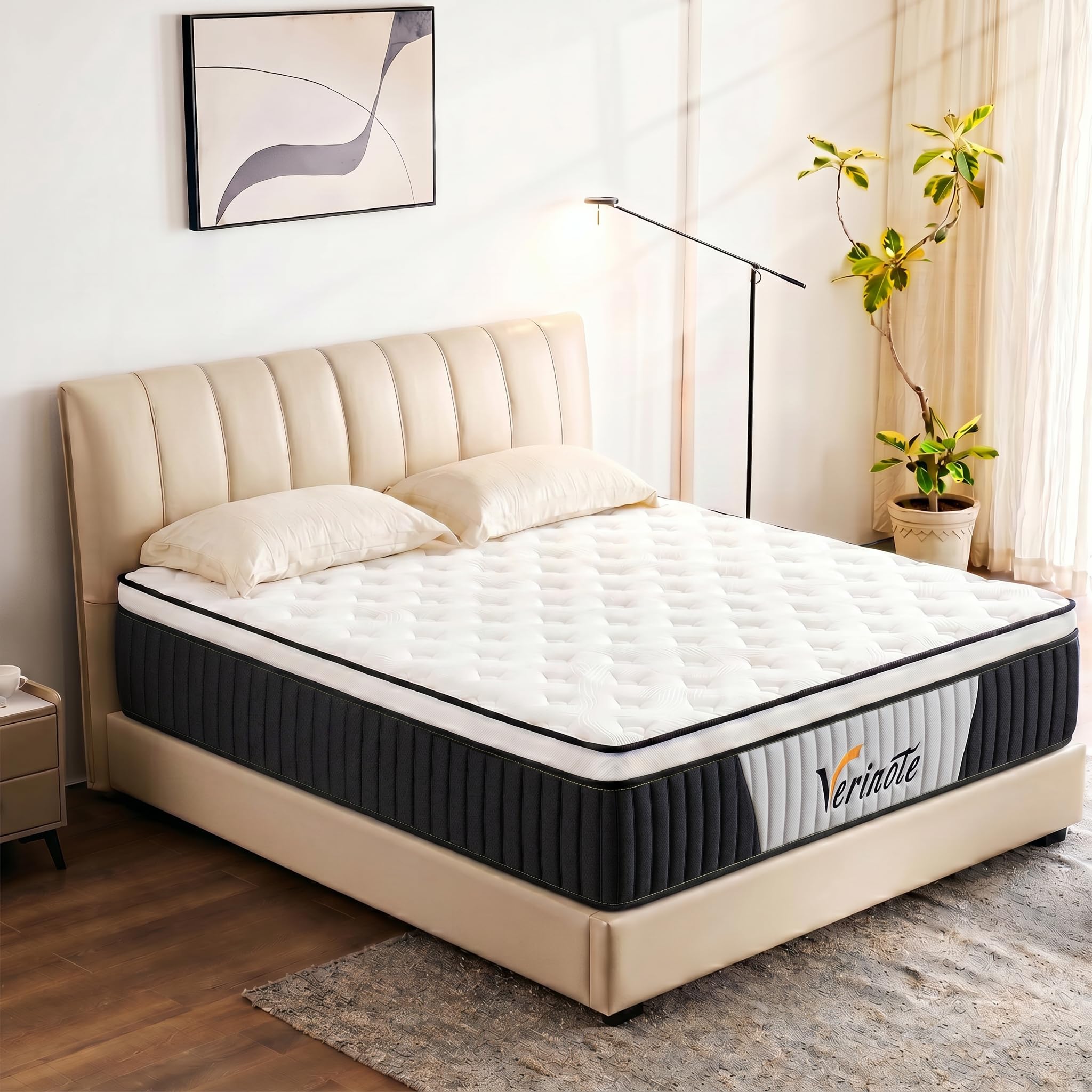VERINOTE 12 Inch Queen Mattress, Medium Firm Hybrid Memory Foam, 7-Zone Body Support for Pressure Relief, Motion Isolation, Queen Mattress in a Box, White Breathable Textured Fabric Mattresses