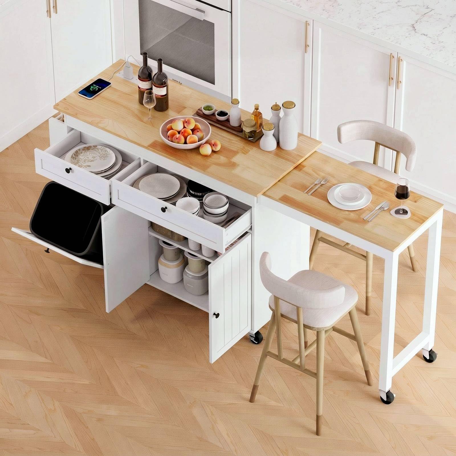 Kitchen Islands with Storage, Kitchen Island on Wheels with Extendable Dining Table and Power Outlet, Rolling Island Cart with Trash Cabinet, Spice Rack & Towel Rack, White