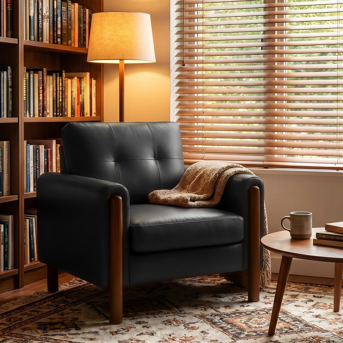 STHOUYN 35" Black Leather Oversized Accent Chair with Wood Armrests, Mid-Century Modern Tufted Living Room Chair, Comfy Reading Sofa Chair with Lumbar Support & Thick Cushion Waiting Room Office