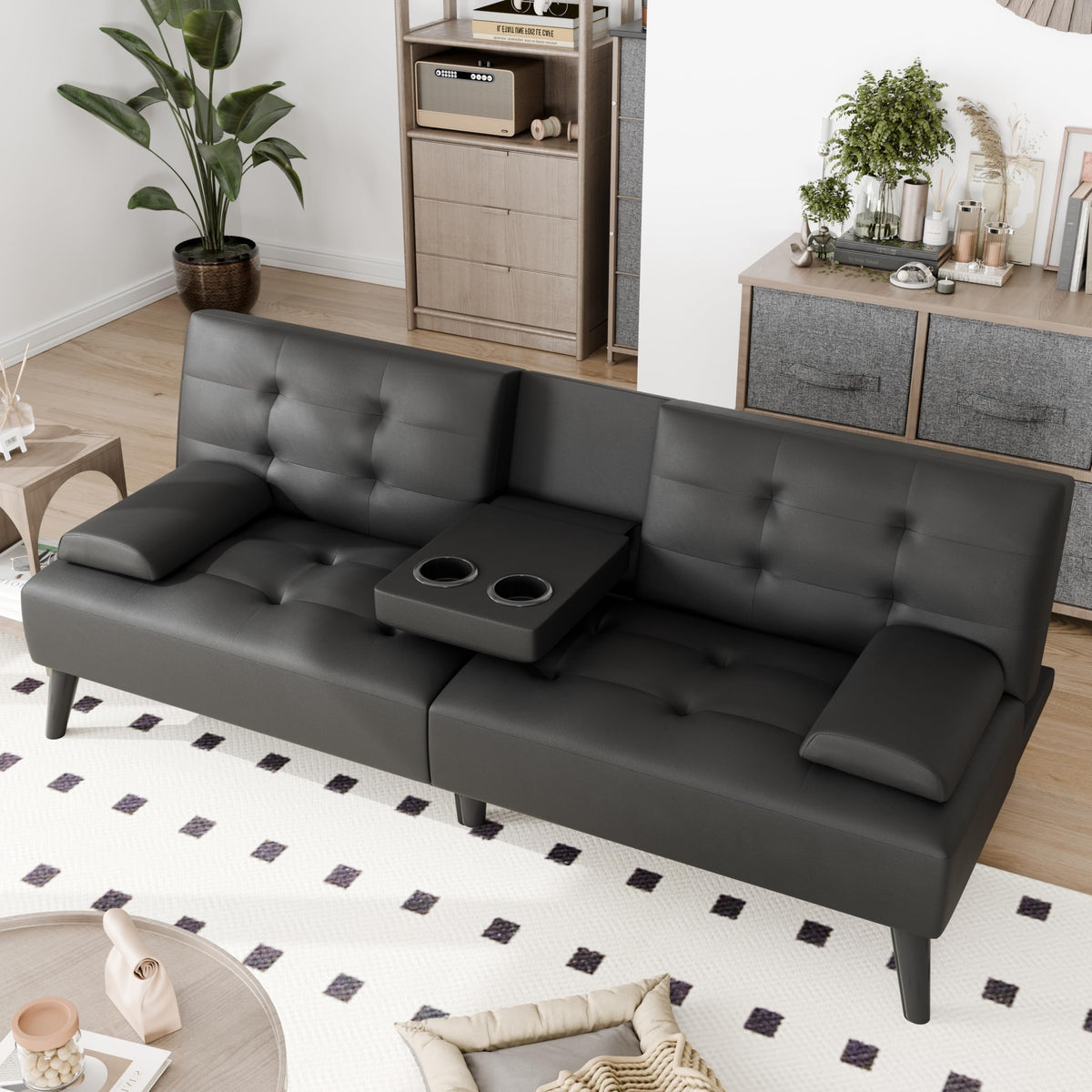 JAMFLY Futon Sofa Bed, 64" Small Futon Couch with Adjustable Backrest, 3-Angle Recliner, Detachable Armrests with Cup Holders for Small Spaces (Black Leather)