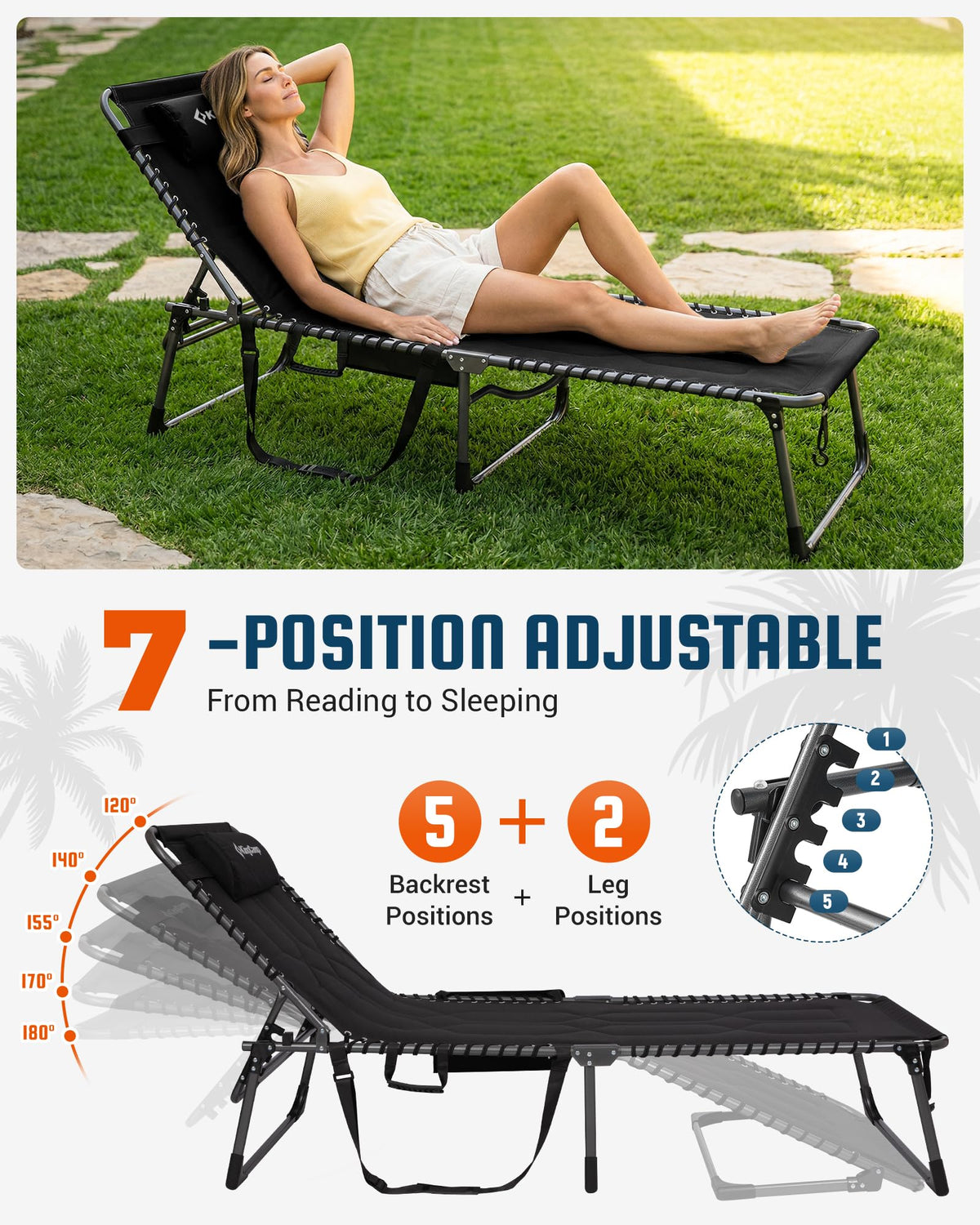KingCamp Oversized Padded Lounge Chair 440lbs Tanning Chair, Black