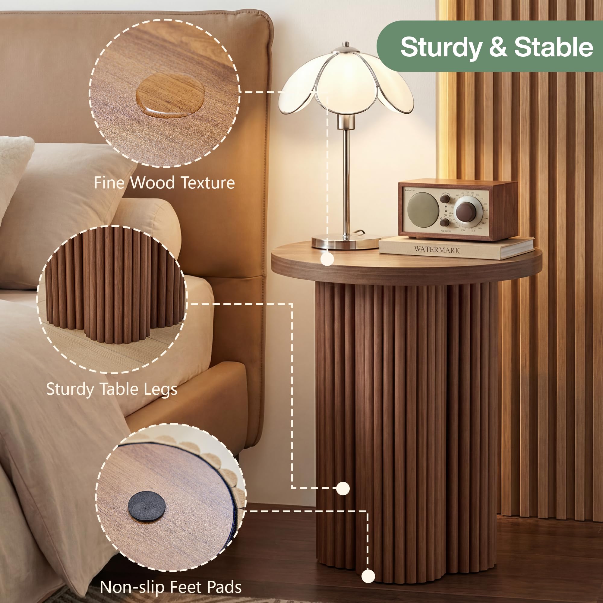 MAHYIZYI Small Sofa Side Table Set of 2, Fluted Accent Pedestal End Table, Wood Round Night Stand, Farmhouse Bed Side Table Drink Tables for Living Room, Small Spaces (Walnut-2PCS)