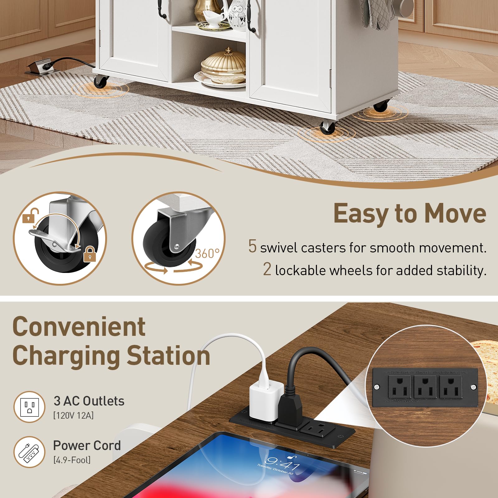 Kitchen Island Cart with Drop Leaf, Power Outlet & Storage
