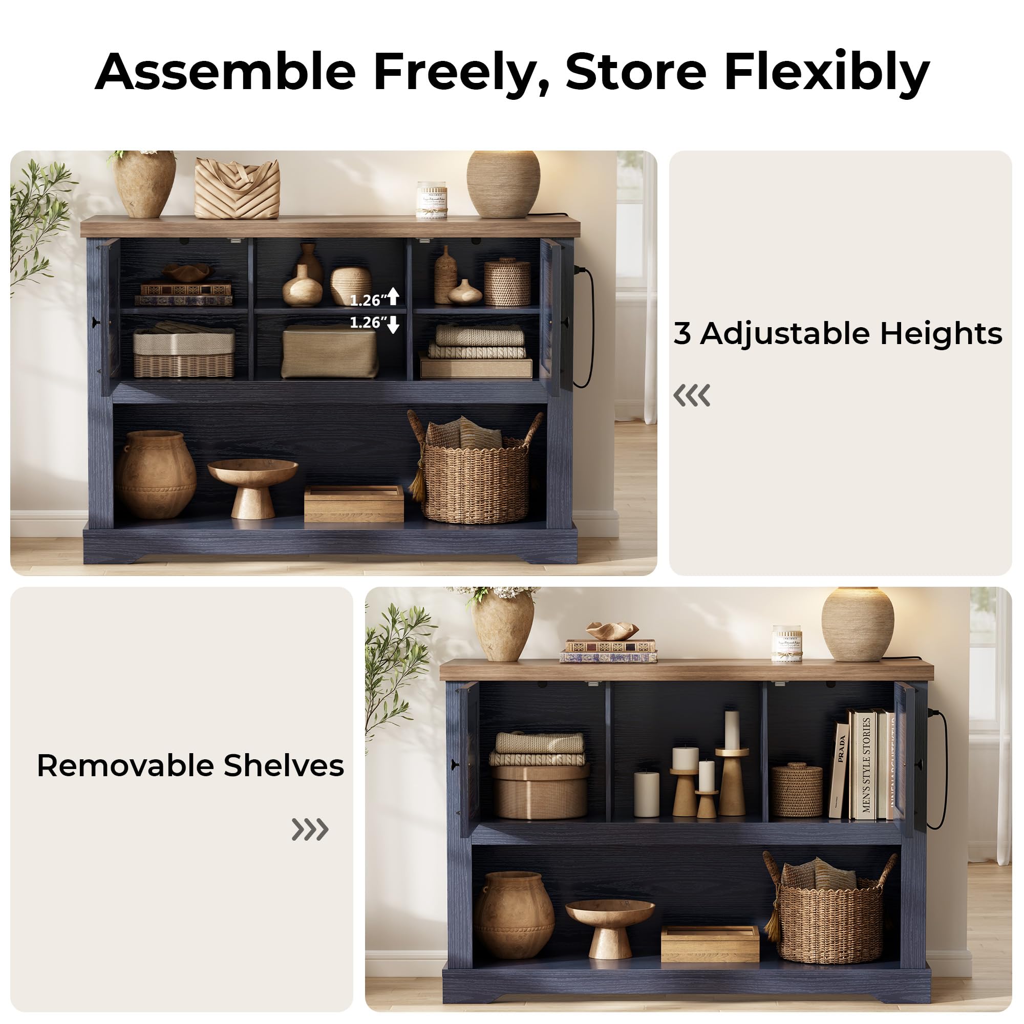 LIKIMIO Farmhouse Entryway Table with Power Outlets, 47.2" Rattan Console Table with Adjustable Storage Shelves & Rattan Doors Cabinet, Sofa Table for Entry, Living Room, Hallway, Foyer, Blue
