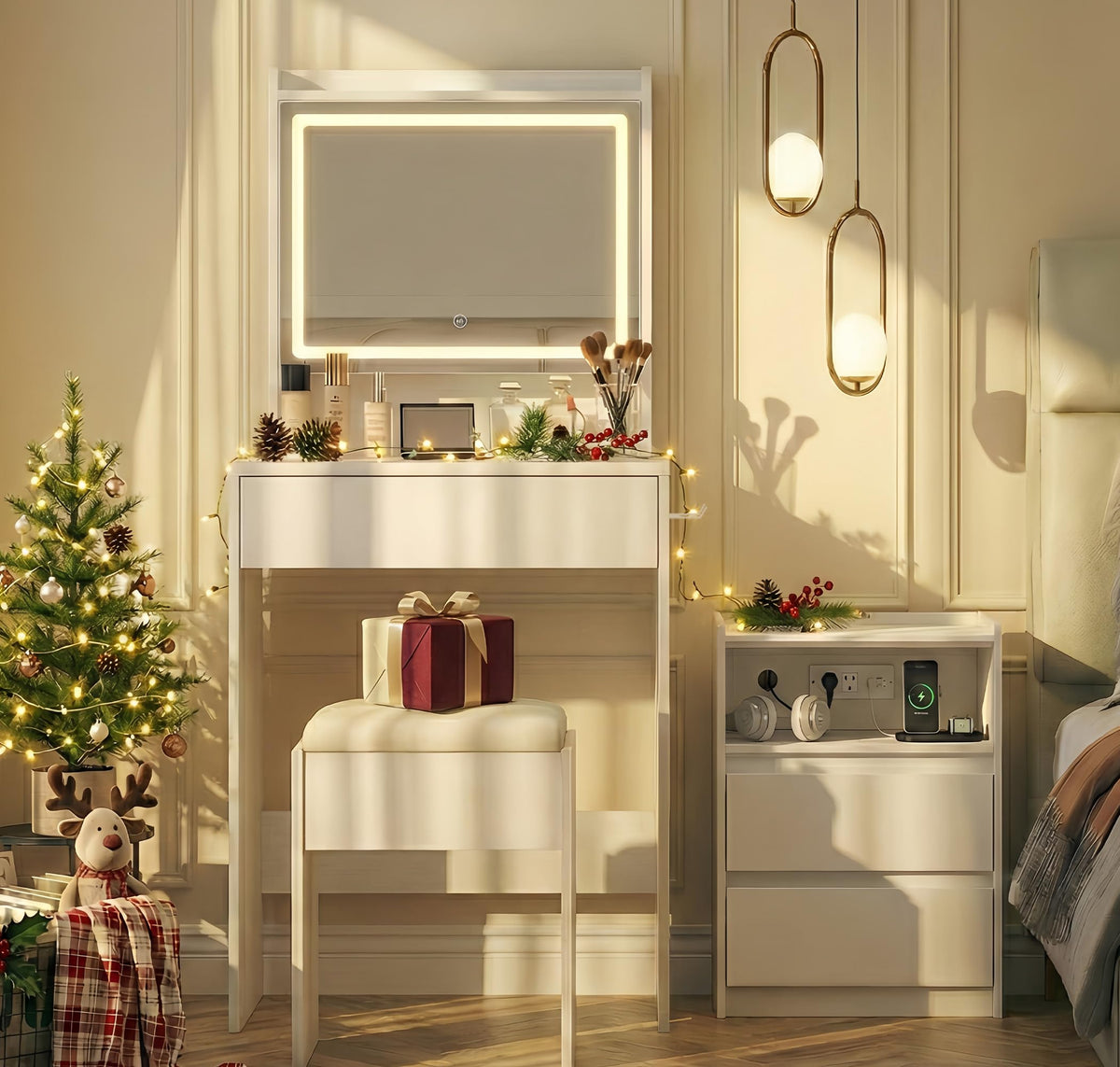 RIHHA Small Vanity Desk with Lighted Mirror & Charging Station, 24" White Makeup Vanity Table Set with Top Shelf & Hidden Storage, Compact Mini Dressing Desk with Stool for Bedroom, Girls, Teens