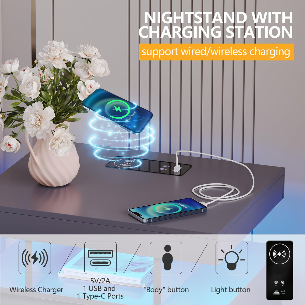 LED Nightstand with Charging Station