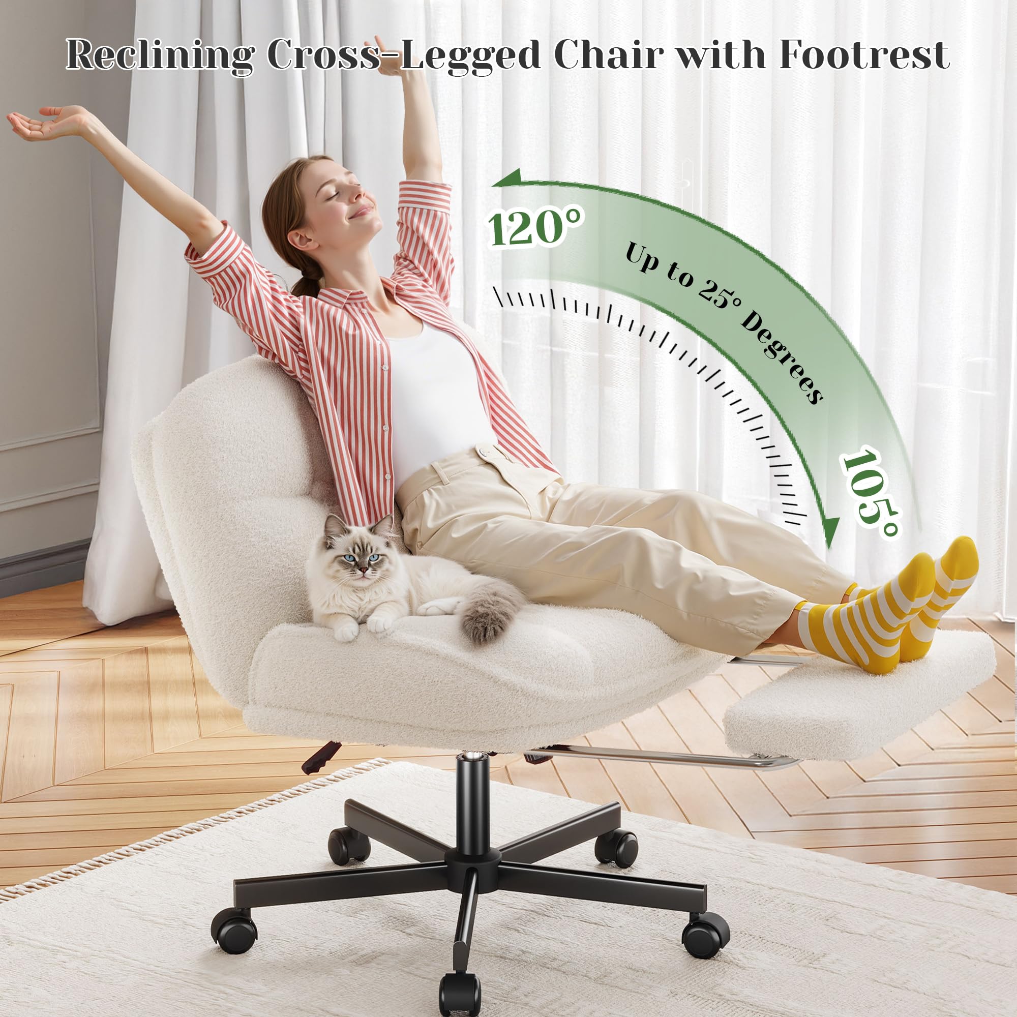 DurayLoly Cross Legged Office Chair with Foot Rest, 6.3" Thick Cushioned Criss Cross Chair with Wheels, Height Adjustable Swivel Vanity Chair for All-Day Comfort (White)
