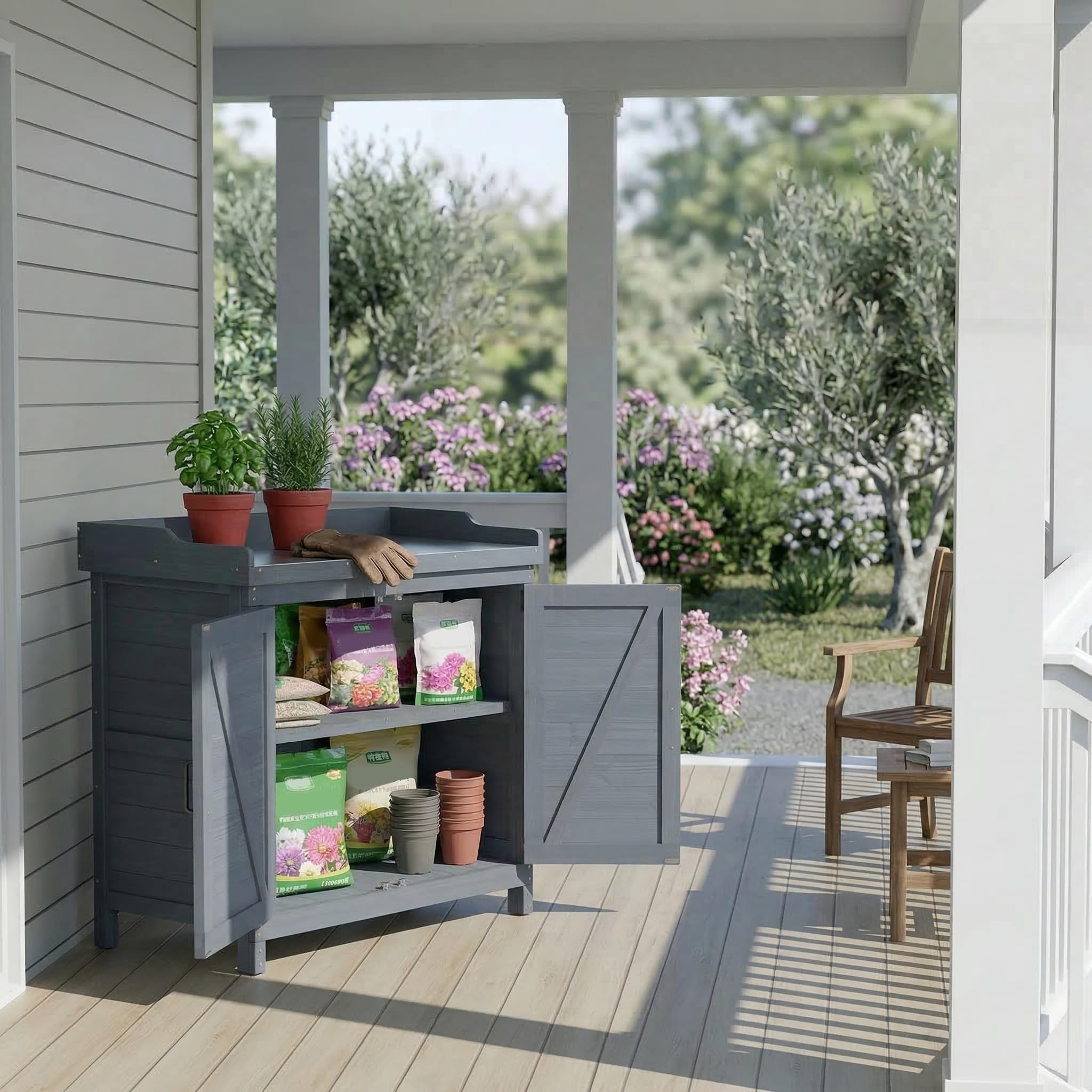 Outdoor Wooden Garden Storage Cabinet with Potting Bench