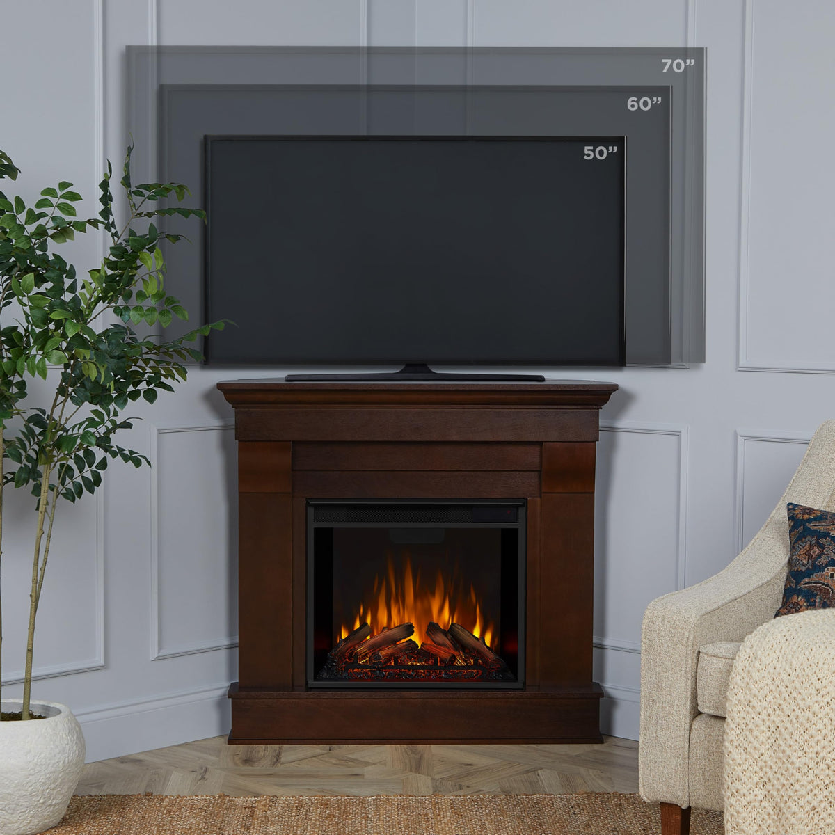 Real Flame Chateau 41" Corner Electric Fireplace with Mantel for Living Room or Bedroom, Replaceable Fireplace Insert Heater, Realistic Log and Flame Effect, Remote Control, Timer - Dark Walnut