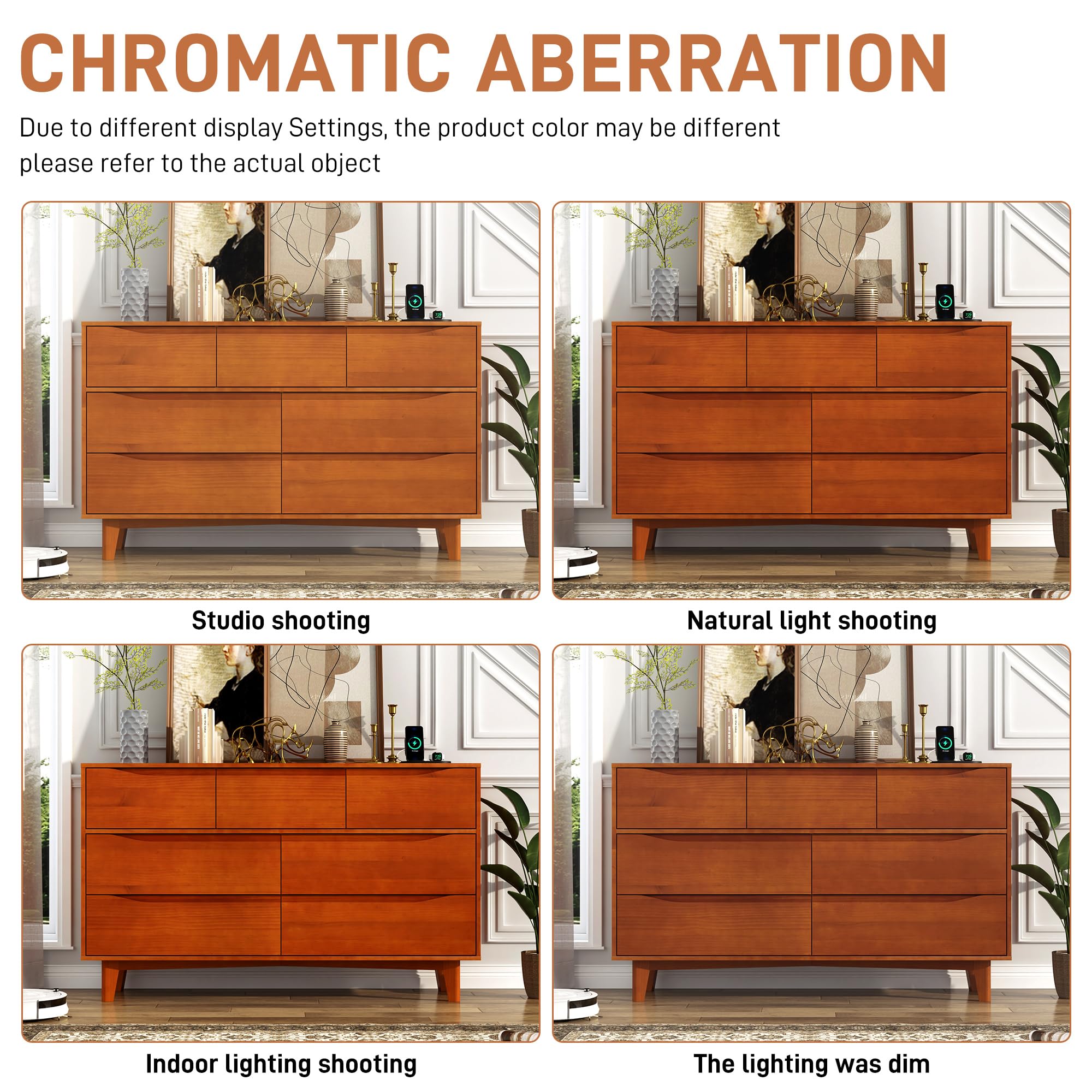 7 Drawer Dresser for Bedroom, 55” Wide Solid Wood Dresser with Power Outlet, Mid-Century Modern Chest with Solid Wooden, Large Wood Storage Organizer,Wood TV Stand for Bedroom, Living Room,Caramel