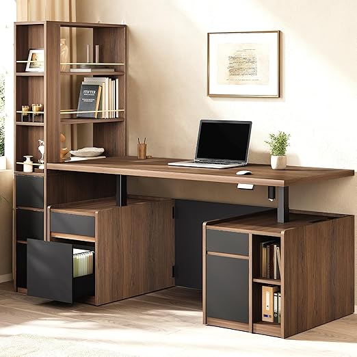 Electric Standing Desk & Tall Bookcase Home Office Set