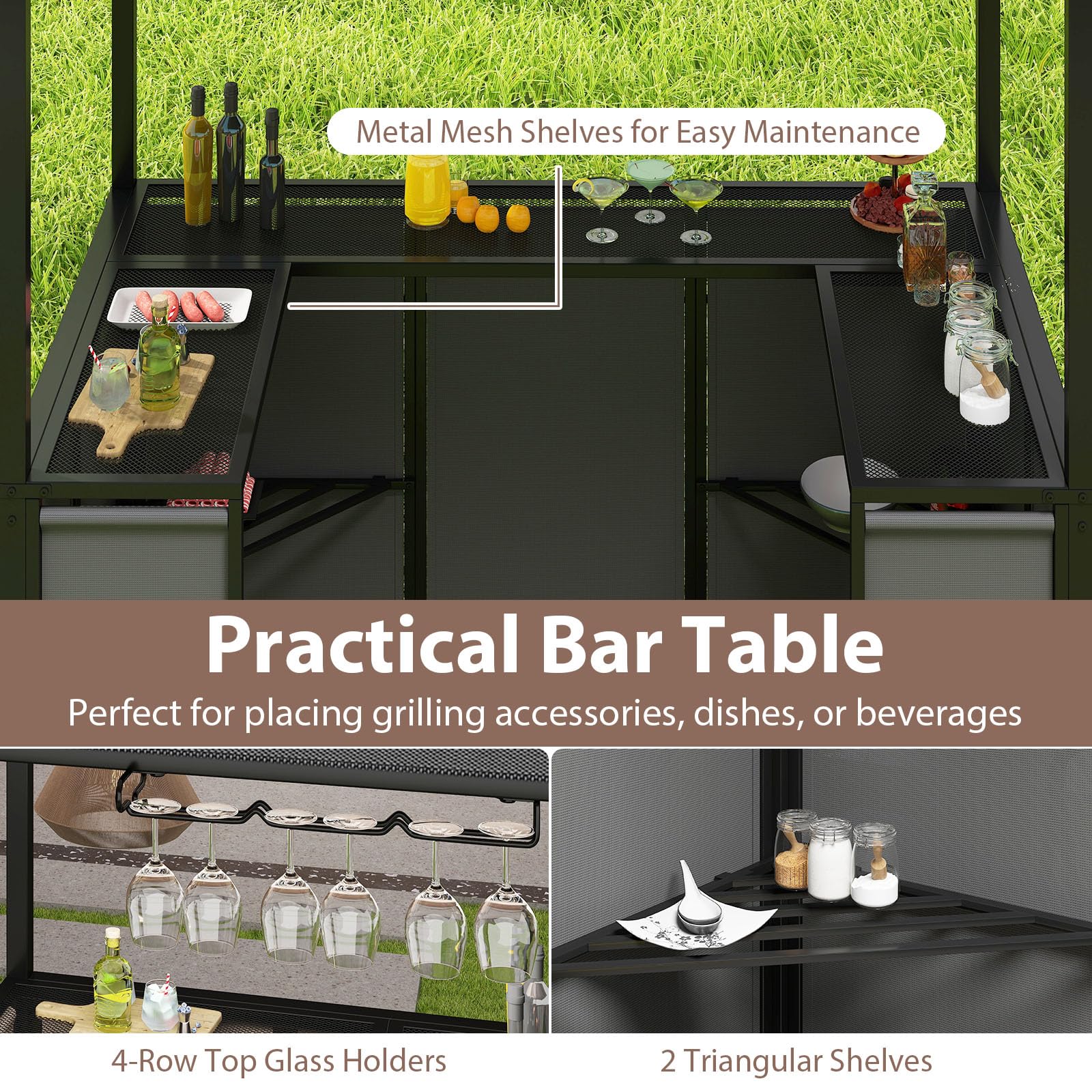 Tangkula 3 Piece Patio Bar Set, Grill Gazebo & 2 Foldable Bar Stools with Awning, Metal Storage Shelves, Glass Holders, Double-Tier Outdoor Shelter for Patio Poolside Garden Backyard (Gray)