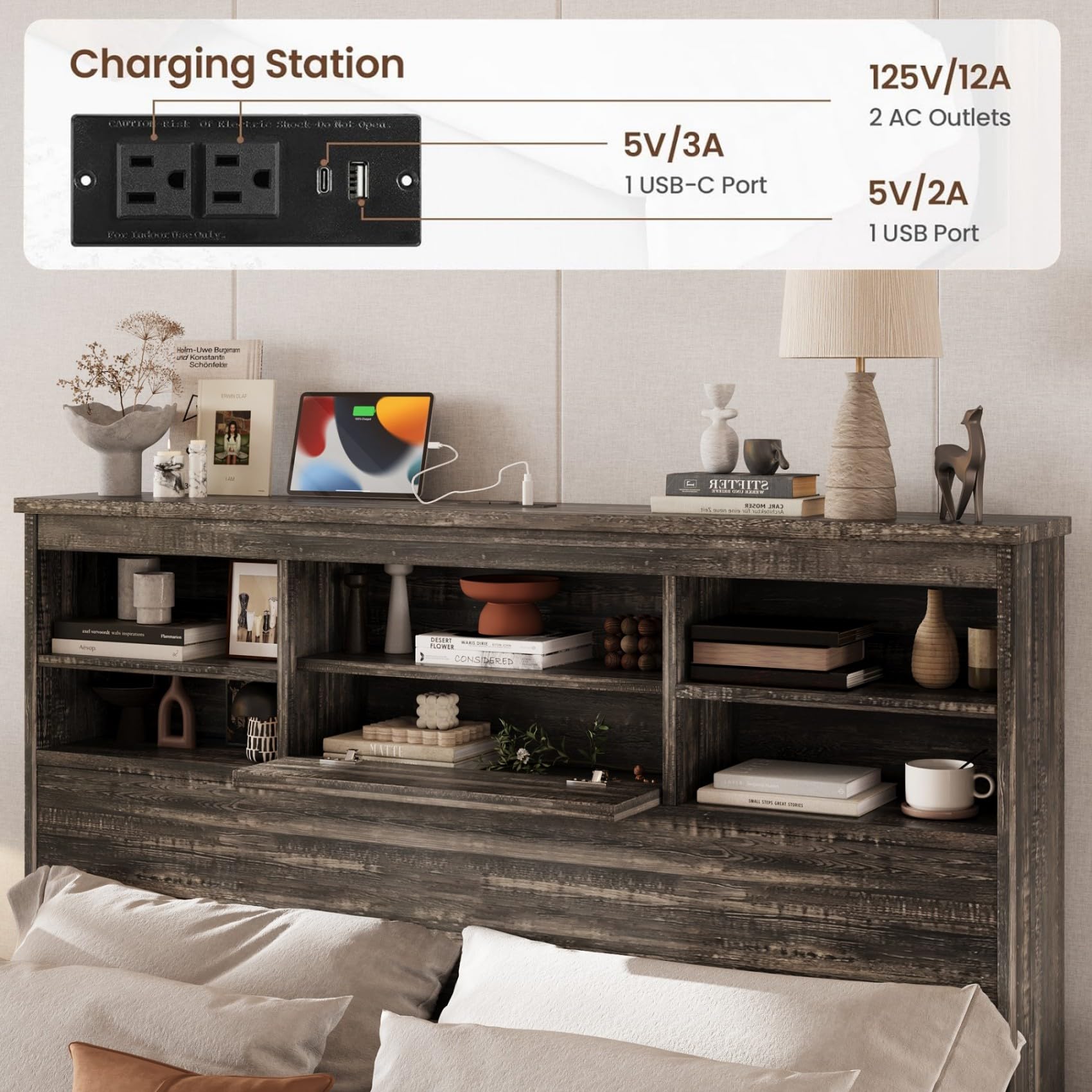 Queen Size Bedroom Set with USB Charging & Storage Headboard