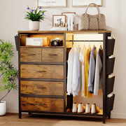 Dresser with Clothes Rack, 5 Drawer Chest with Charging Station & LED