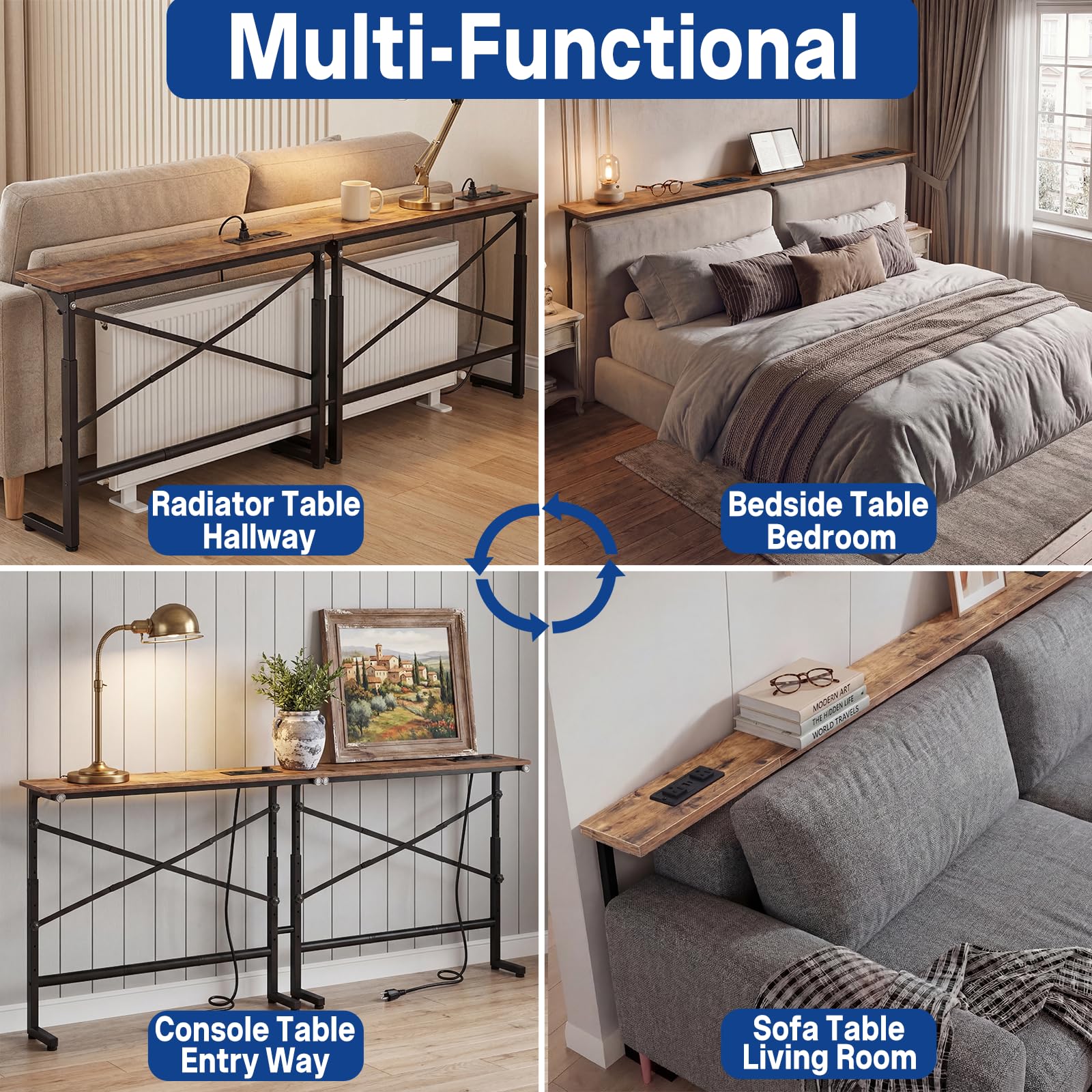 Tademis 78.8inch Adjustable Height Narrow Sofa Side Table with 2 Power Outlets, Couch Behind Table for Small Space, Hallway, Entryway, Bedside, Bedroom, Stable, Easy to Assemble & Clean(Rustic Brown)