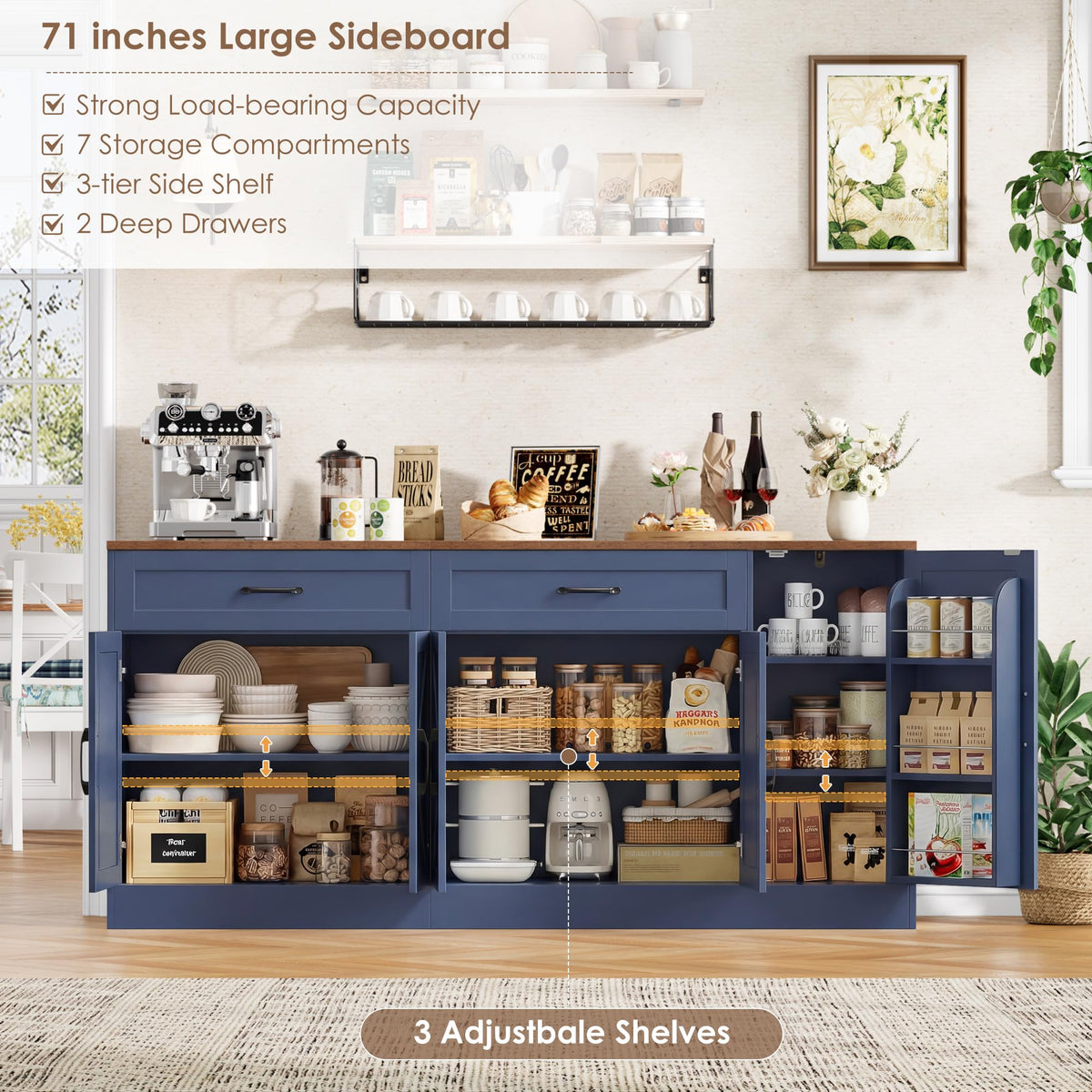 BOTLOG 71” Large Sideboard Buffet Cabinet, Farmhouse Coffee Bar Cabinet (Blue)