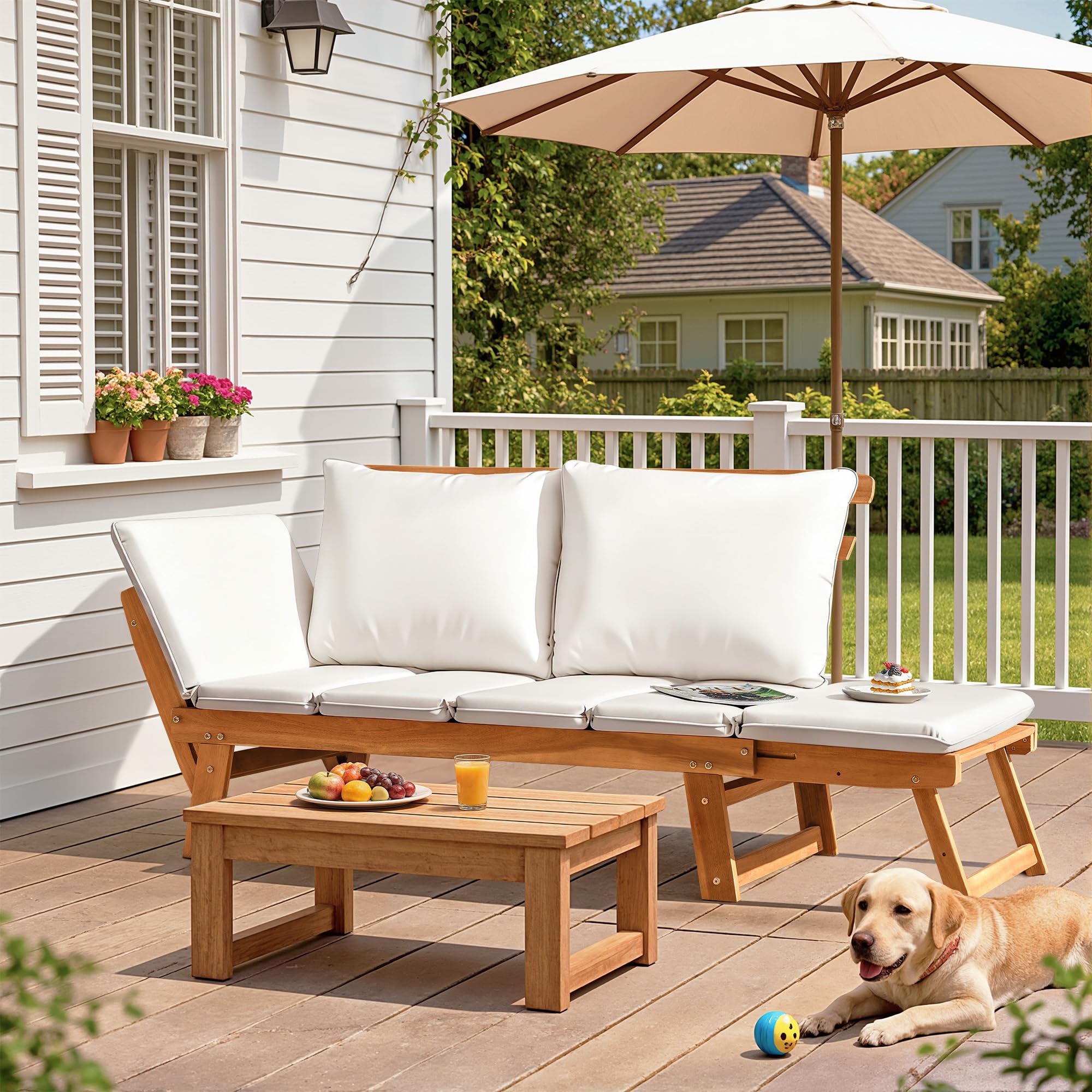 Acacia Wood Outdoor Loveseat with Adjustable Armrests