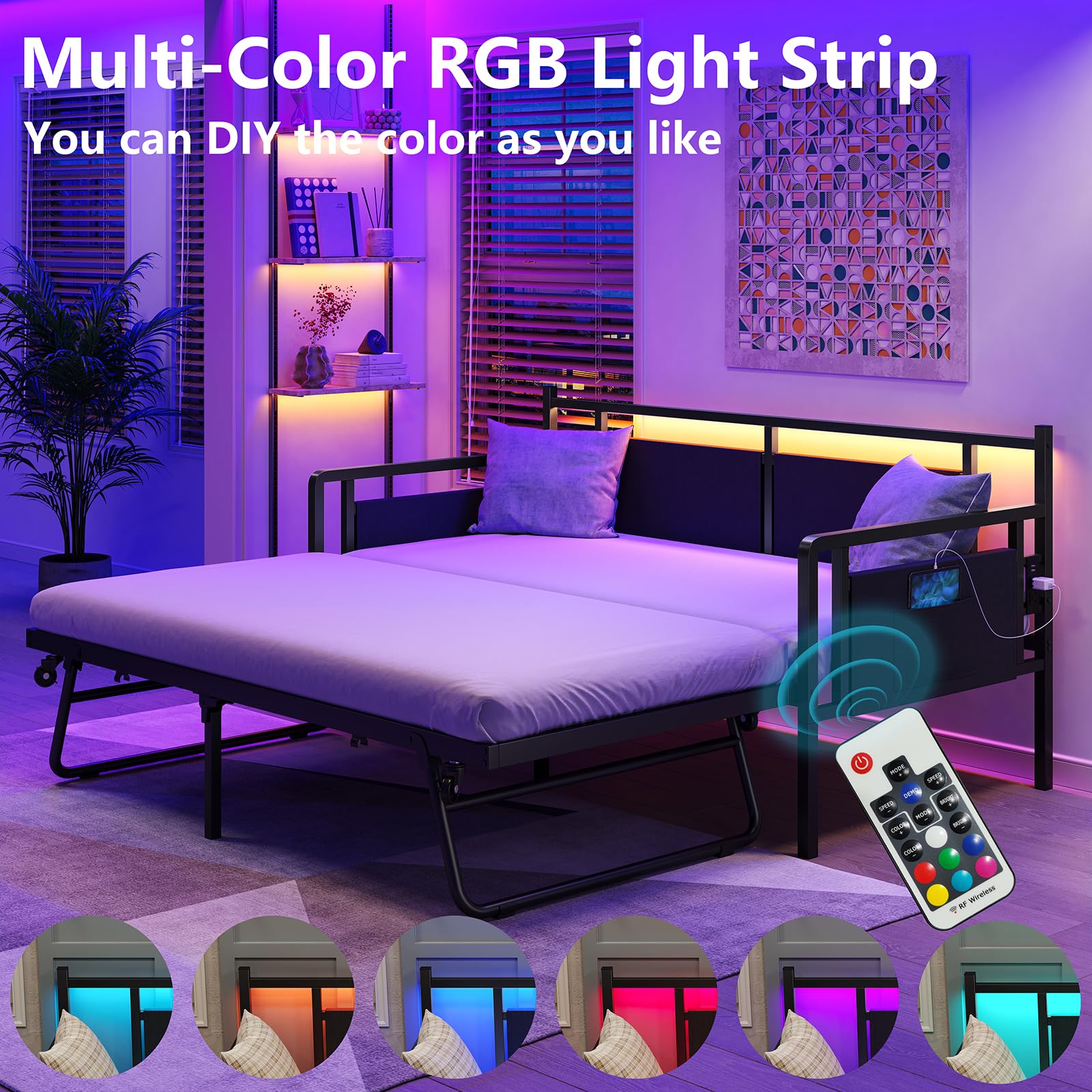 Furniouse Daybed with Charging Station and LED Lights, Twin Daybed with Trundle, Metal Bed Frame with Steel Slat Support for Bedroom, Guest Room, Living Room Black