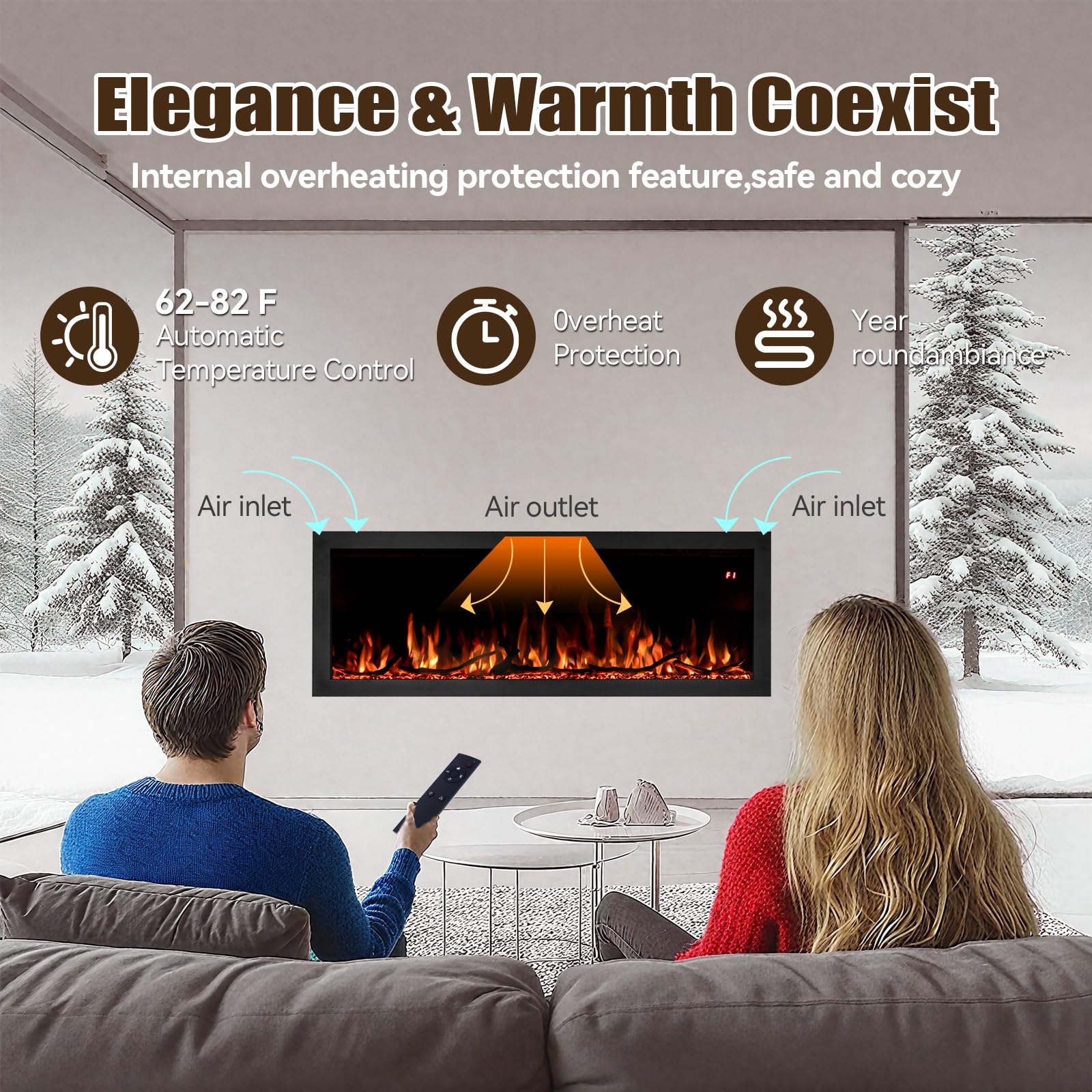 60-Inch Wall Mount Electric Fireplace with App & Remote Control