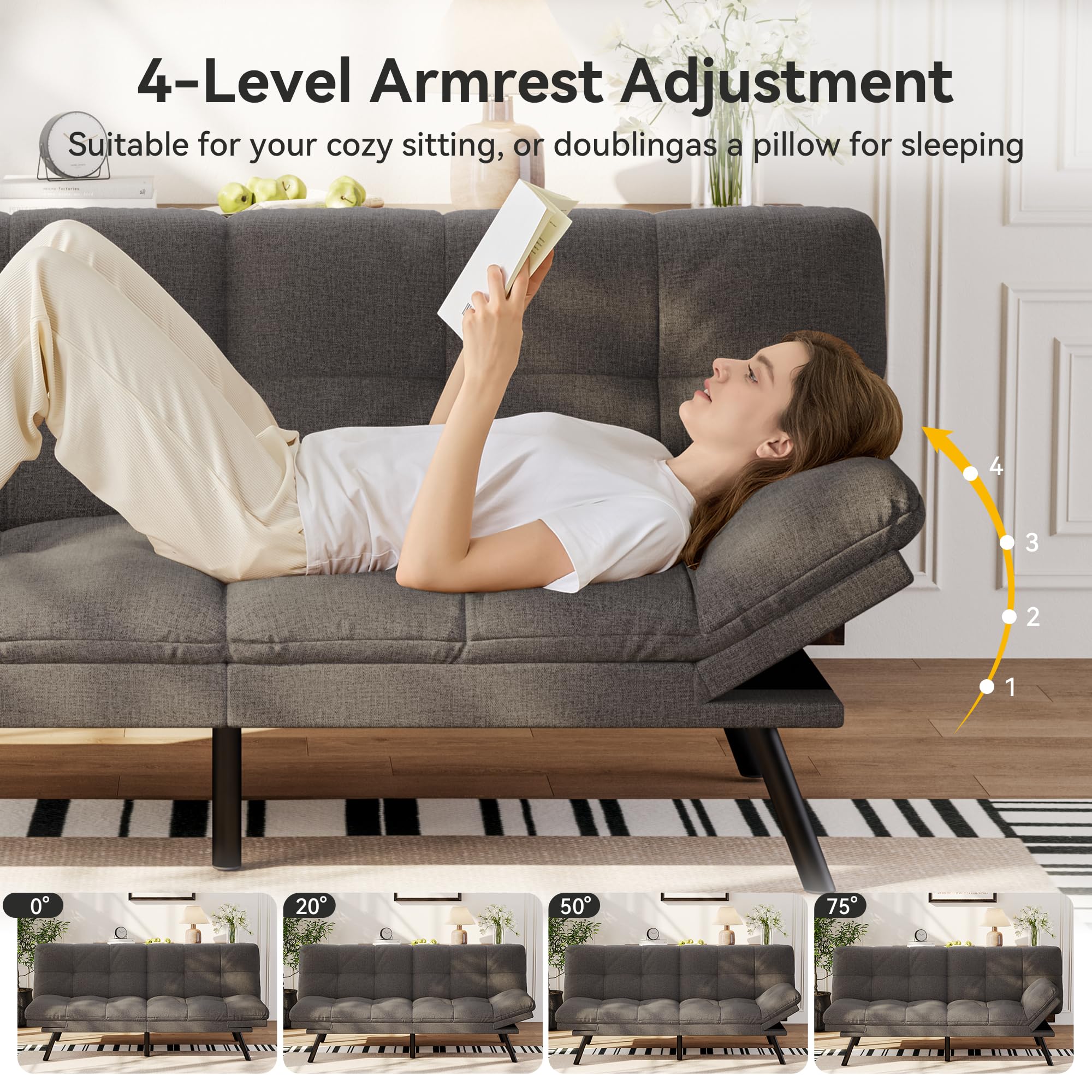 Vipbear Convertible Futon Sofa Bed,Grey Linen Futon Couch with Detachable Cushion,Adjustable Backrest & Armrest,Modern Small Recliner Loveseat Sleeper Couch for Living Room,Office,Apartment