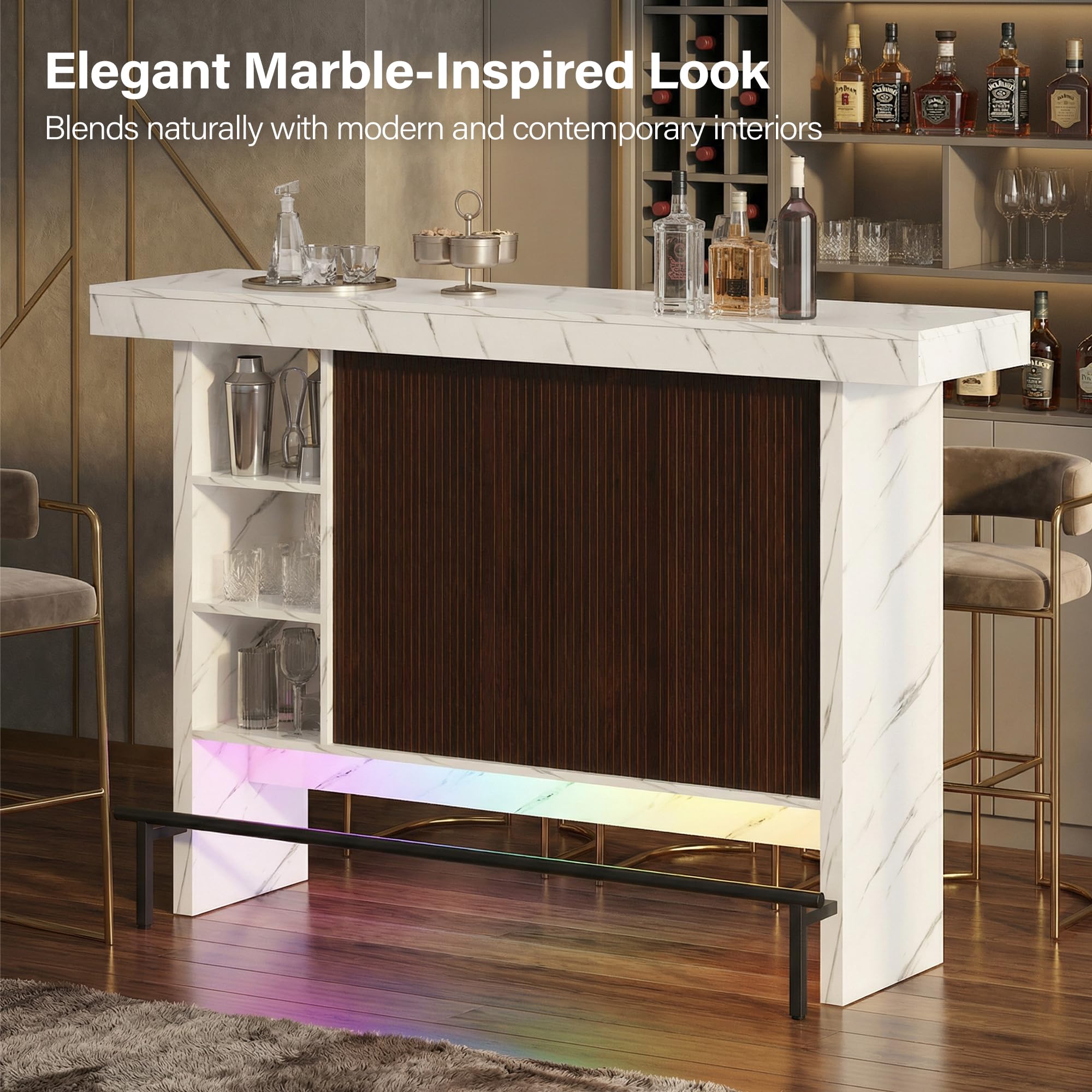 Marble-Style Bar Table with RGB LED Lighting & Storage