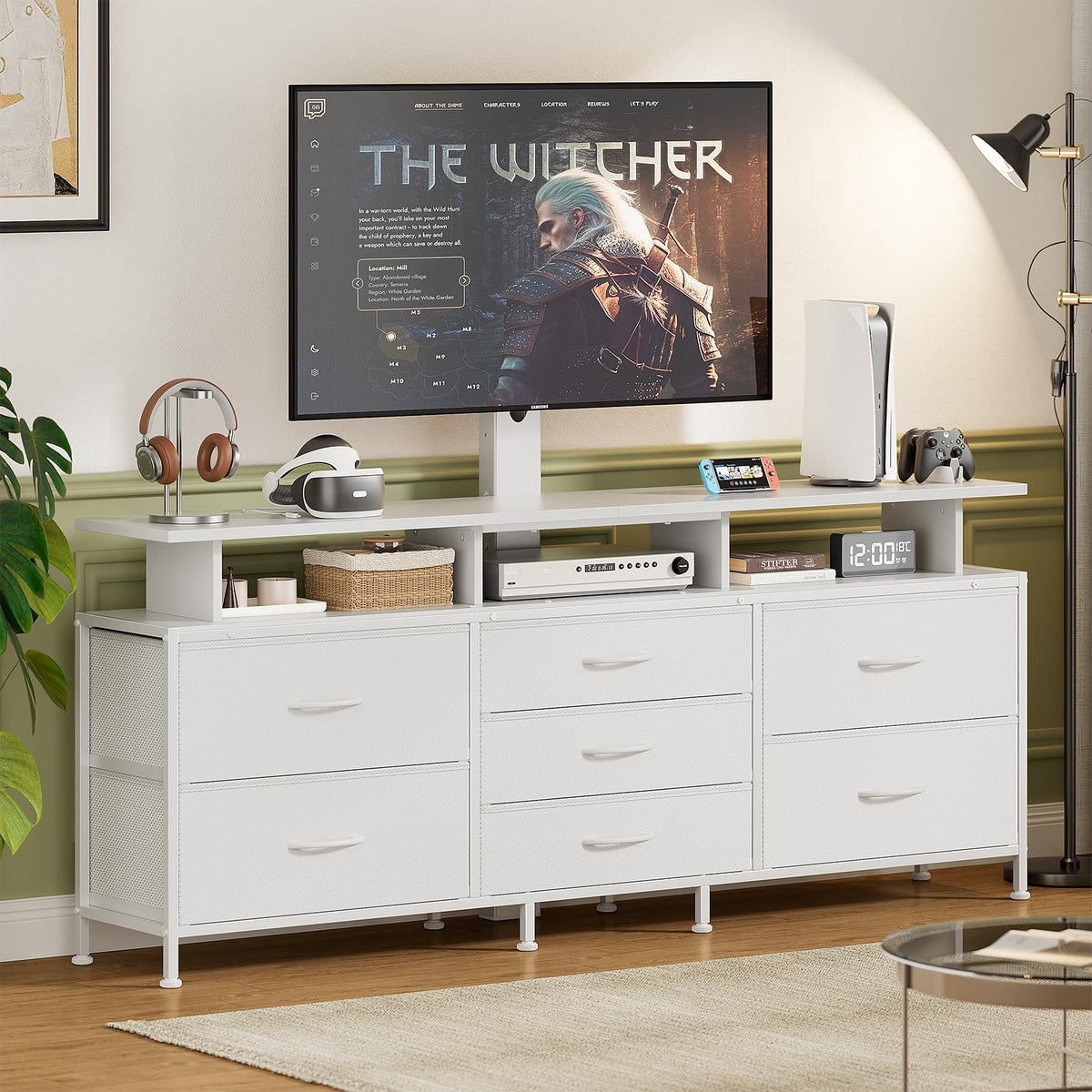 REAHOME 63 Inch 7 Drawers White TV Stand with Mount for 32–75 Inch TVs