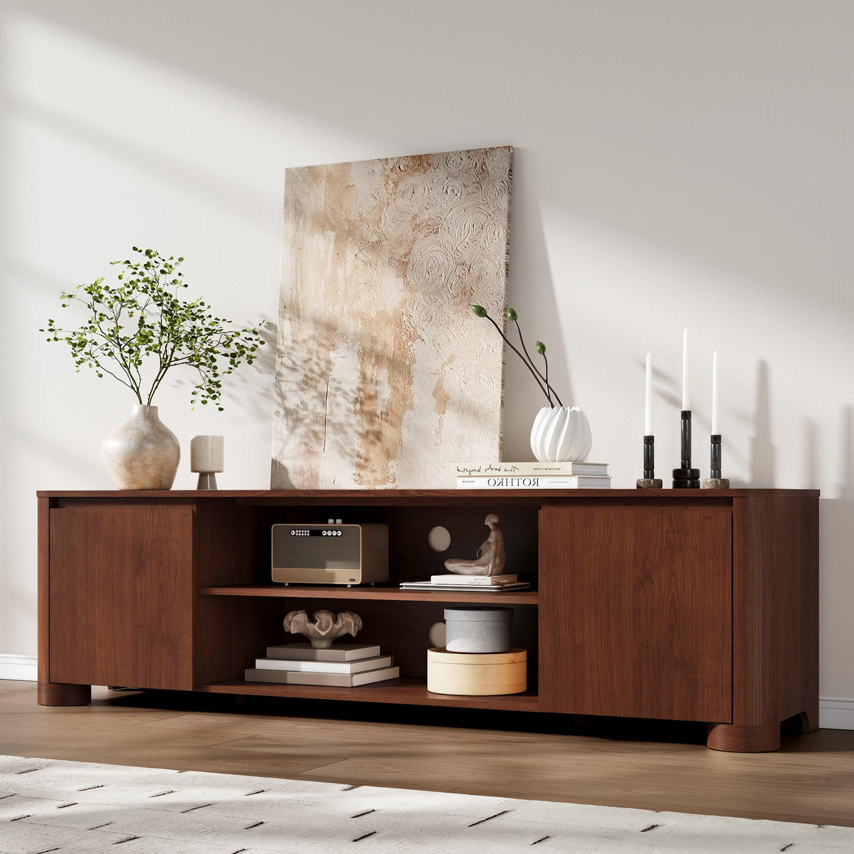 YANSNWO 70" TV Stand for TVs Up to 80" with Rounded Corners, Walnut