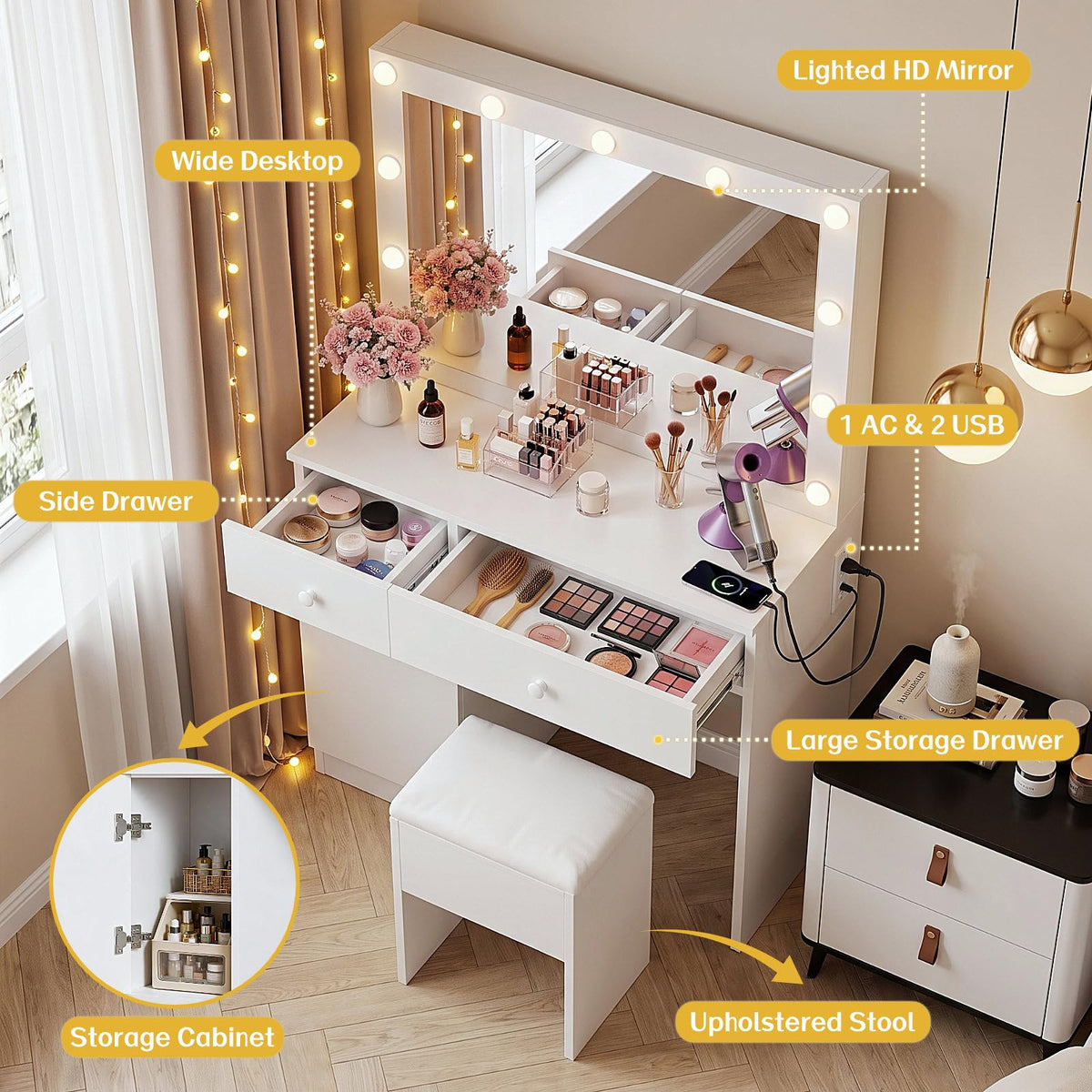 Makeup Vanity with Lighted Mirror and Chair
