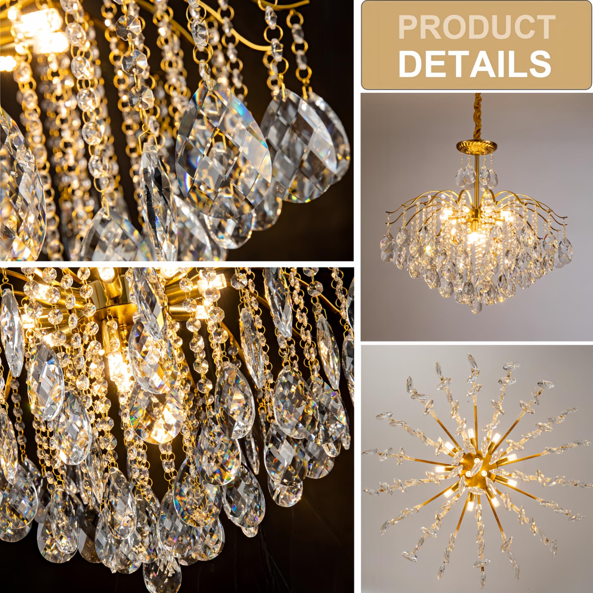 KKQiYuloom 12-Light Modern Gold Pendant Chandelier Crystal Middle Century Dining Room Raindrop Lighting Ceiling Light Fixture Lamp for Bath Room Bed Room Living Room Required D26inxH22.4in