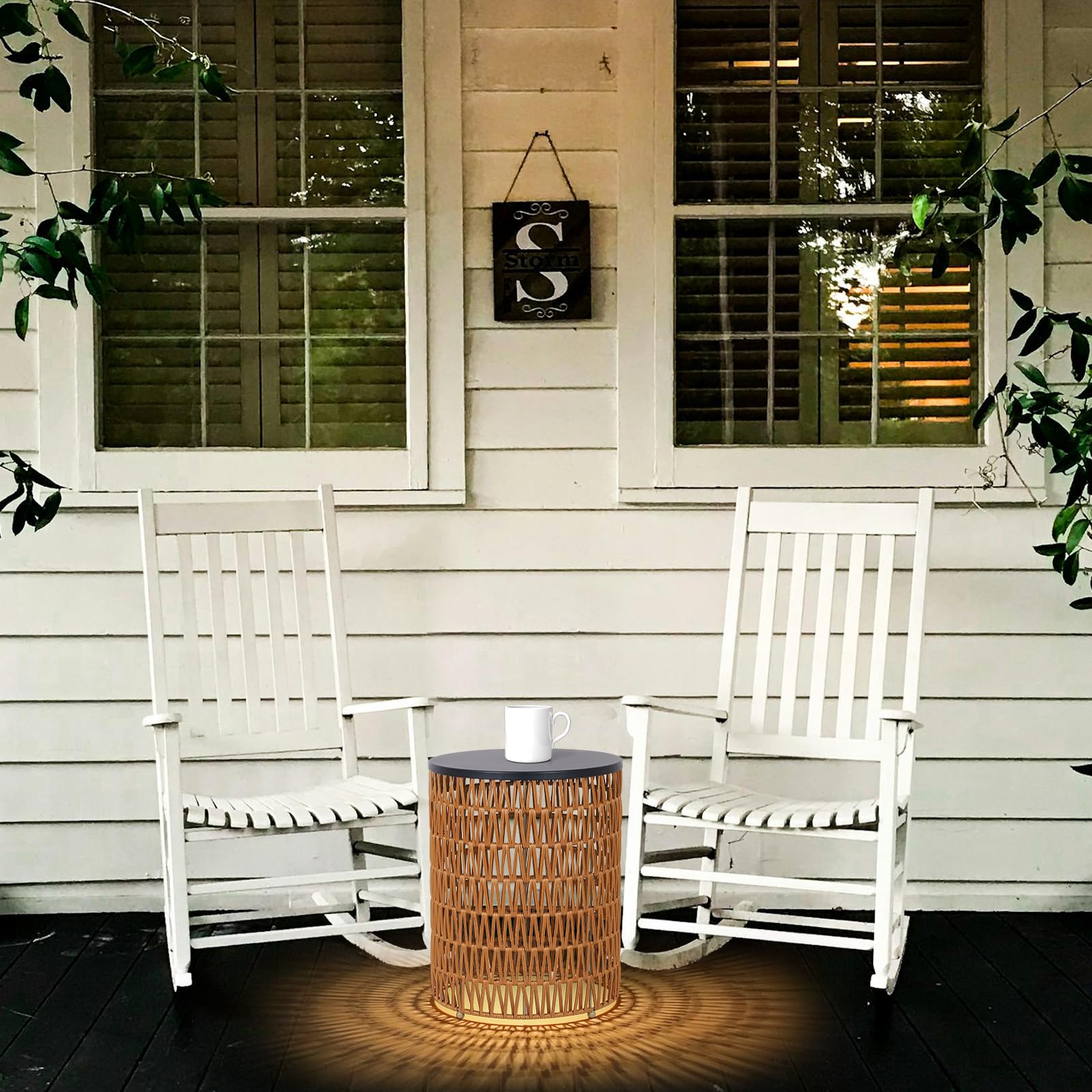 Boho Outdoor Side Table Set of 2 with Dimmable Light