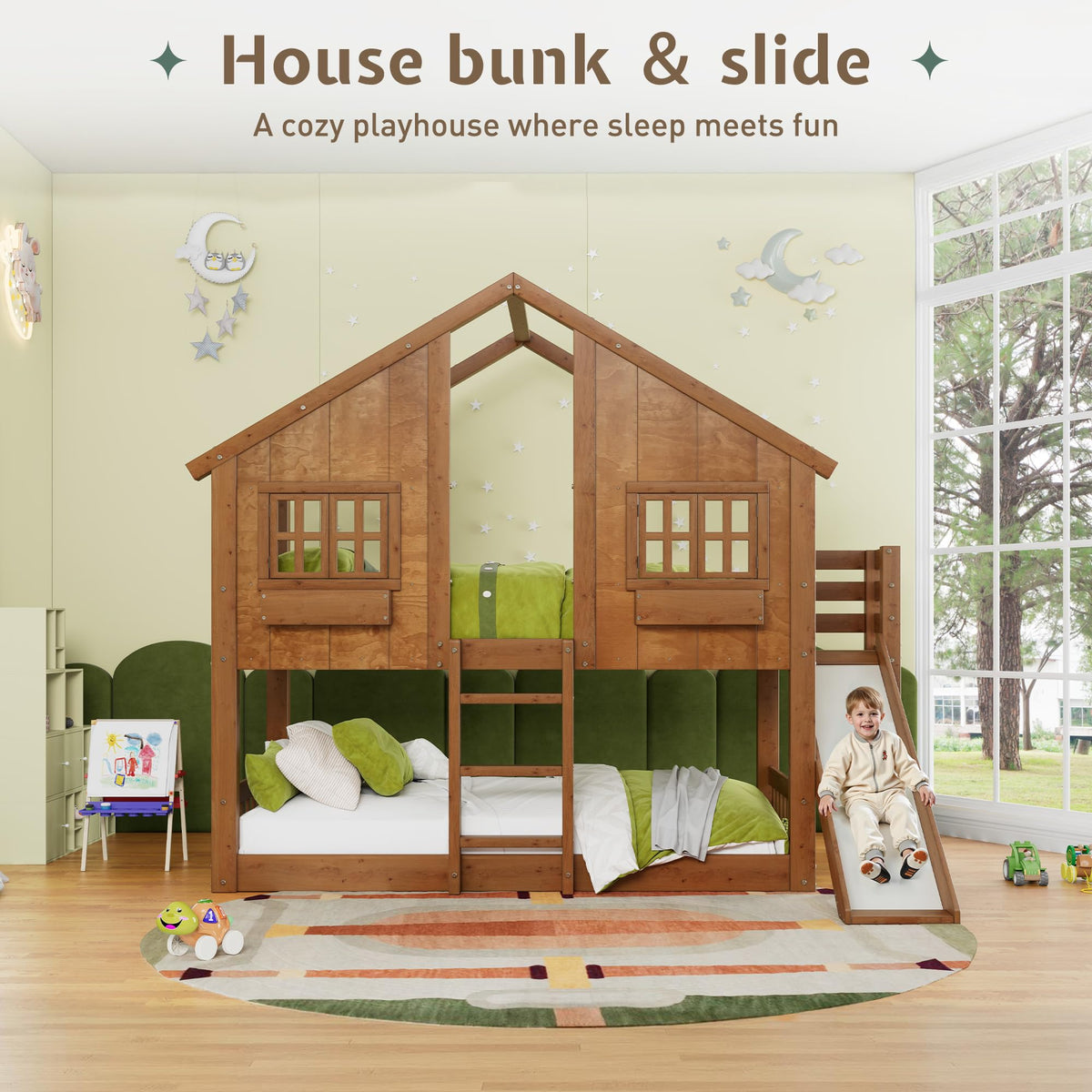 Jocisland Twin Over Twin Bunk Bed with Slide and Ladder, Solid Wood, Oak