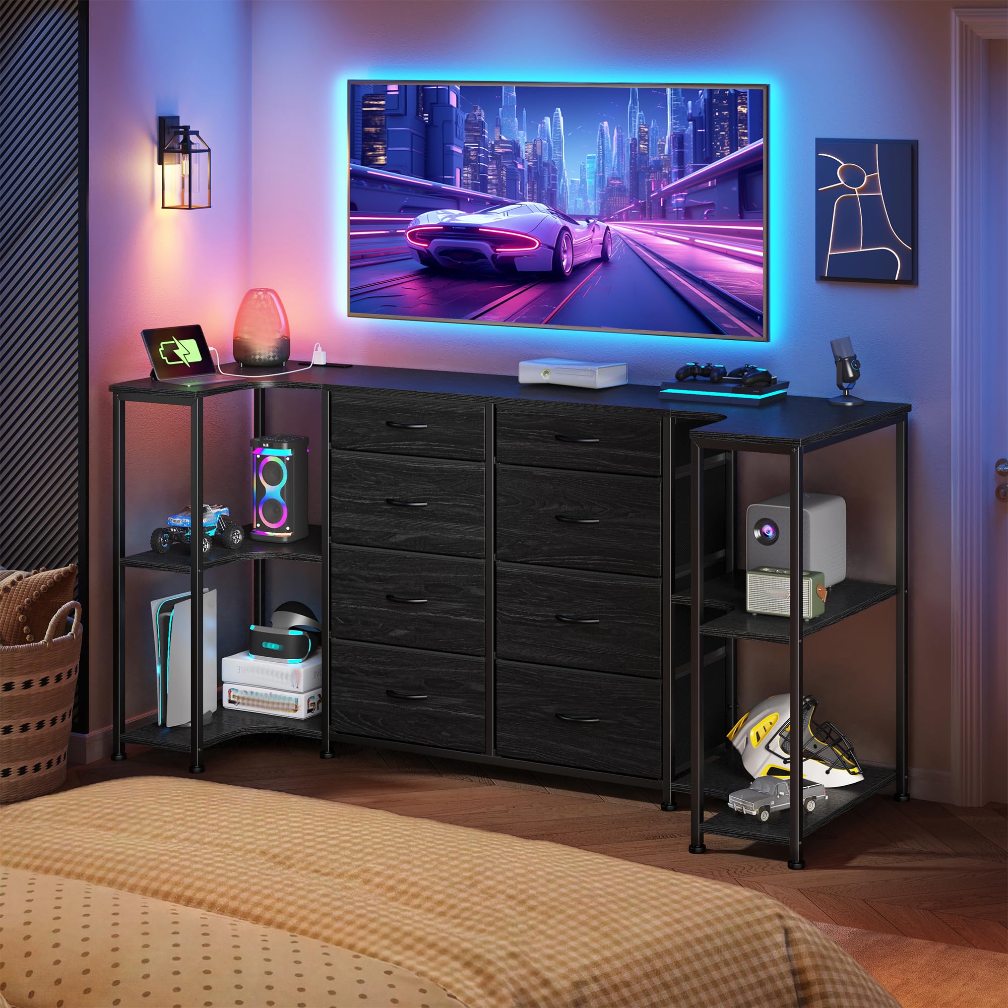 8-Drawer Dresser & TV Stand with Charging Station