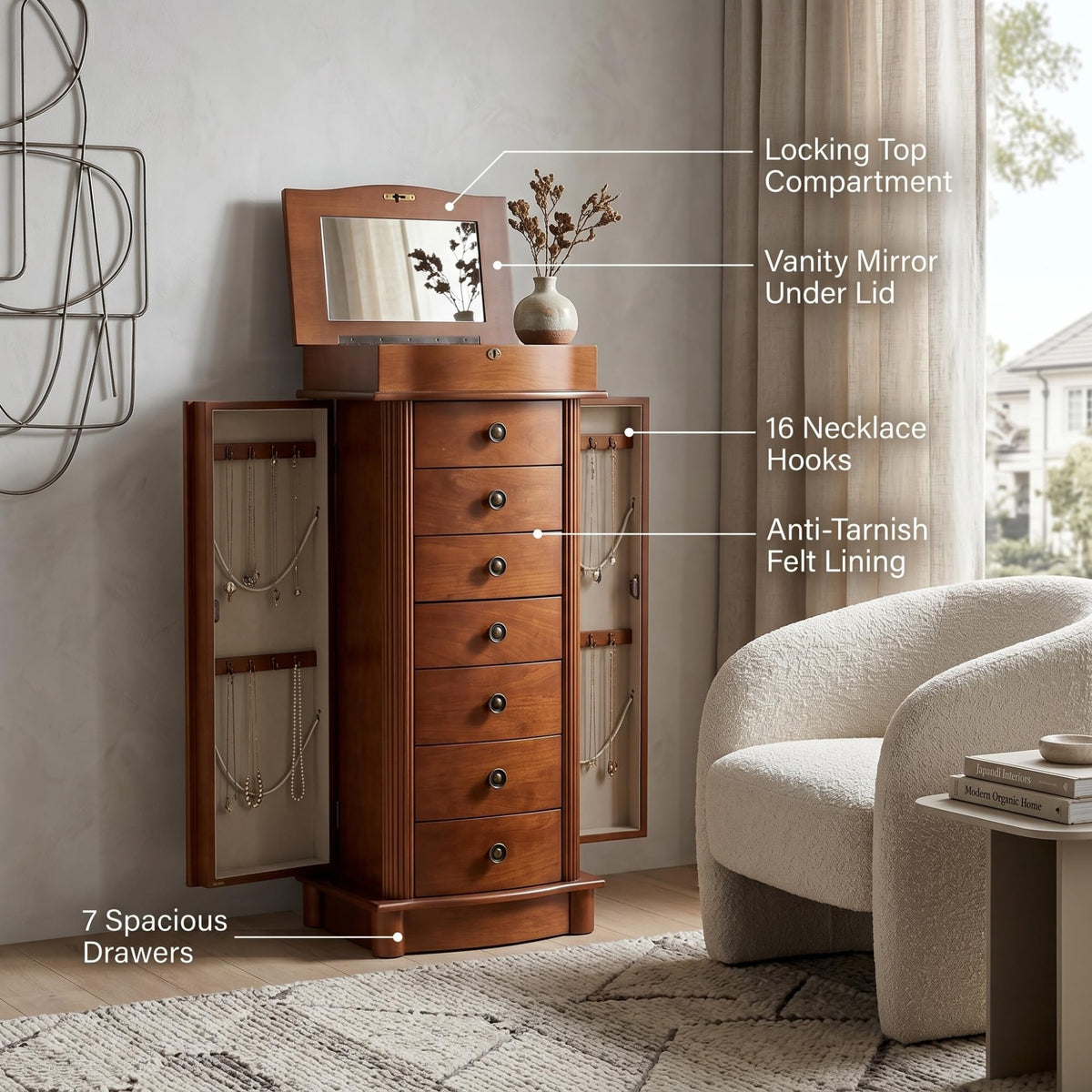 Walnut Jewelry Armoire with Mirror