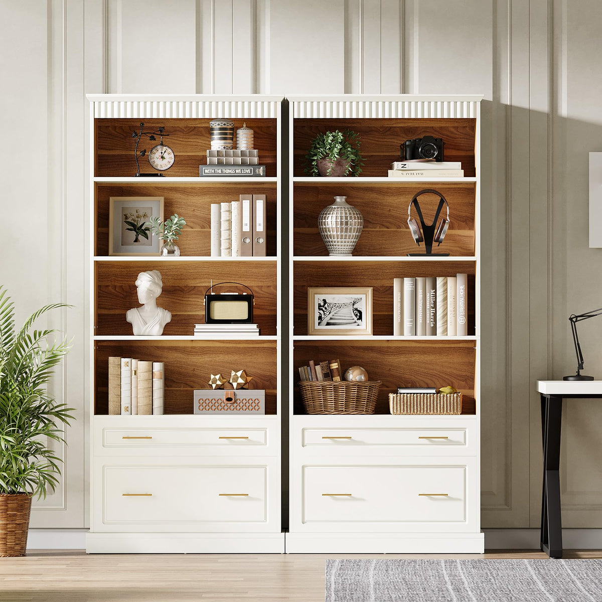 White 5-Shelf Bookcase Set with Drawers