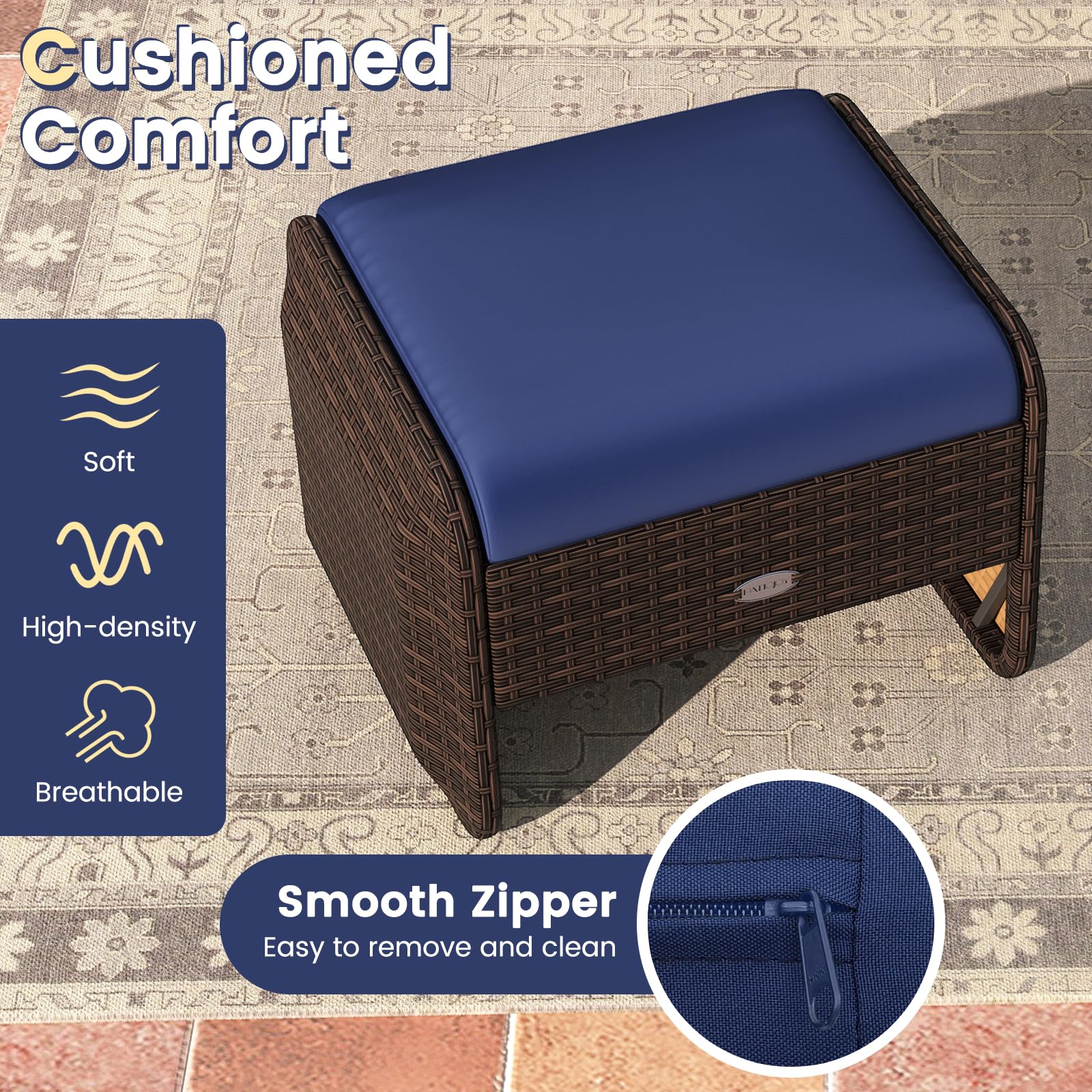 Rattan Patio Ottoman Set of 2 with Removable Cushions