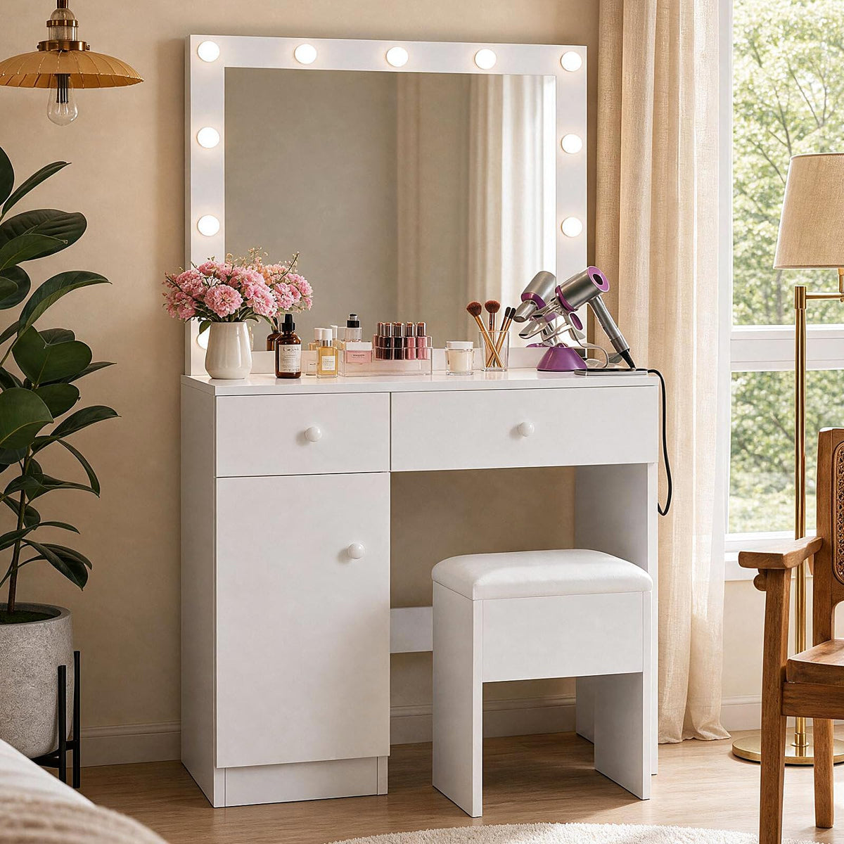 Makeup Vanity with Lighted Mirror and Chair
