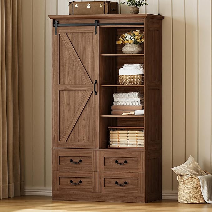 Sliding Barn Door Wardrobe with Drawers & Hanging Rod