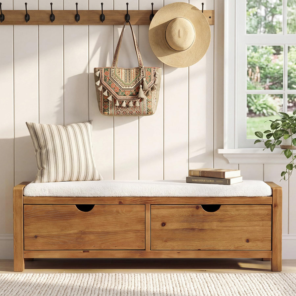 55" Wood Entryway Bench with 2 Storage Drawers, Upholstered Storage Bench