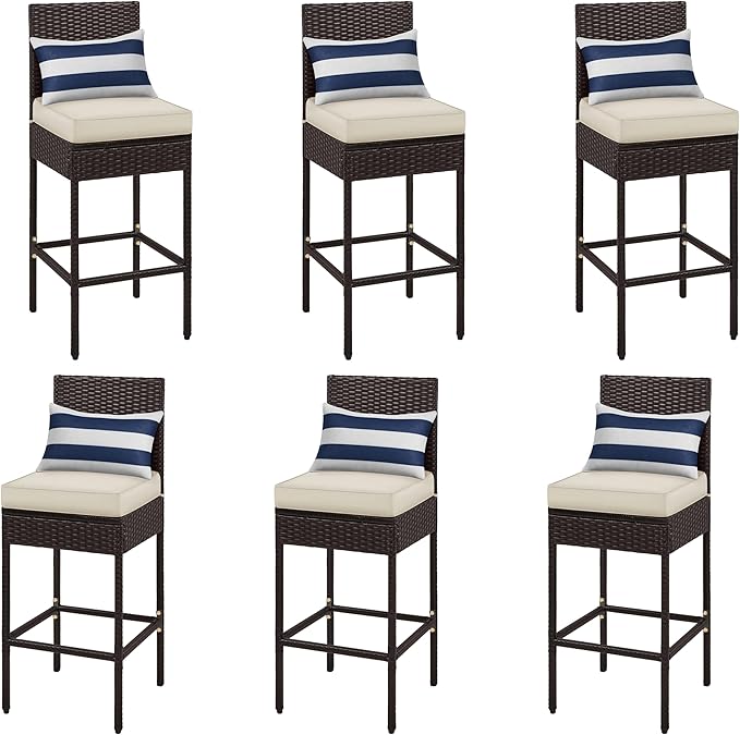 Outdoor PE Rattan Bar Stools with Cushions & Footrests
