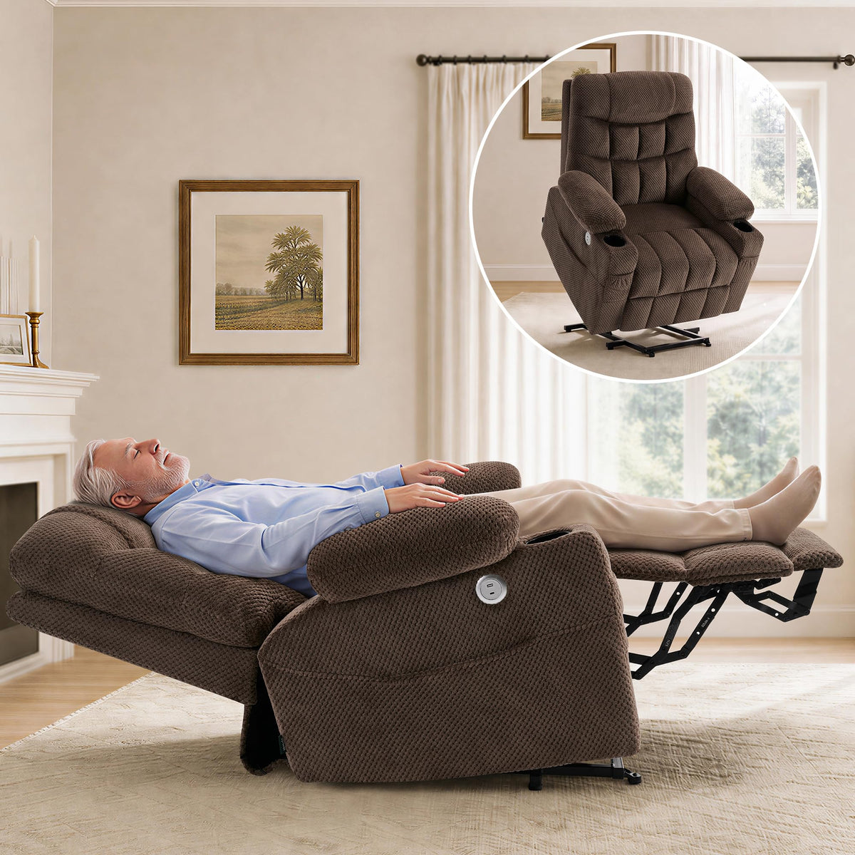 Dual Motor Power Lift Recliner Chair for Elderly, Extra Wide Infinite Position Lift Chair, Lay Flat Reclining Chair for Big & Tall Adults, Heavy Duty with Extended Footrest, Brown