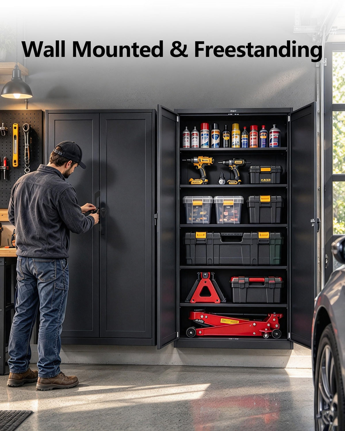 KAER Metal Storage Cabinet with Combo Lock,71" Garage Cabinet,5 Adjustable Shelves,Tall Locking Storage Cabinet,Black Lockable Tool Cabinet,Wall Mounted& Freestanding for Home,Office,Workshop,Utility