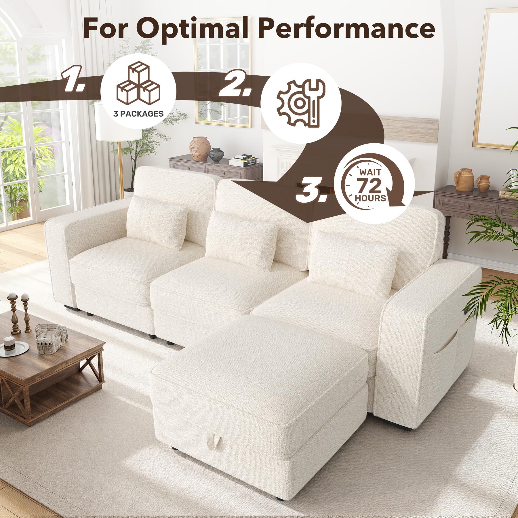 102" L Shaped Modular Sectional Sofa, Oversized 3-Seater Convertible Cloud Couch, Modern Chenille Sectional Couches for Living Room, Cream White 1 PCS