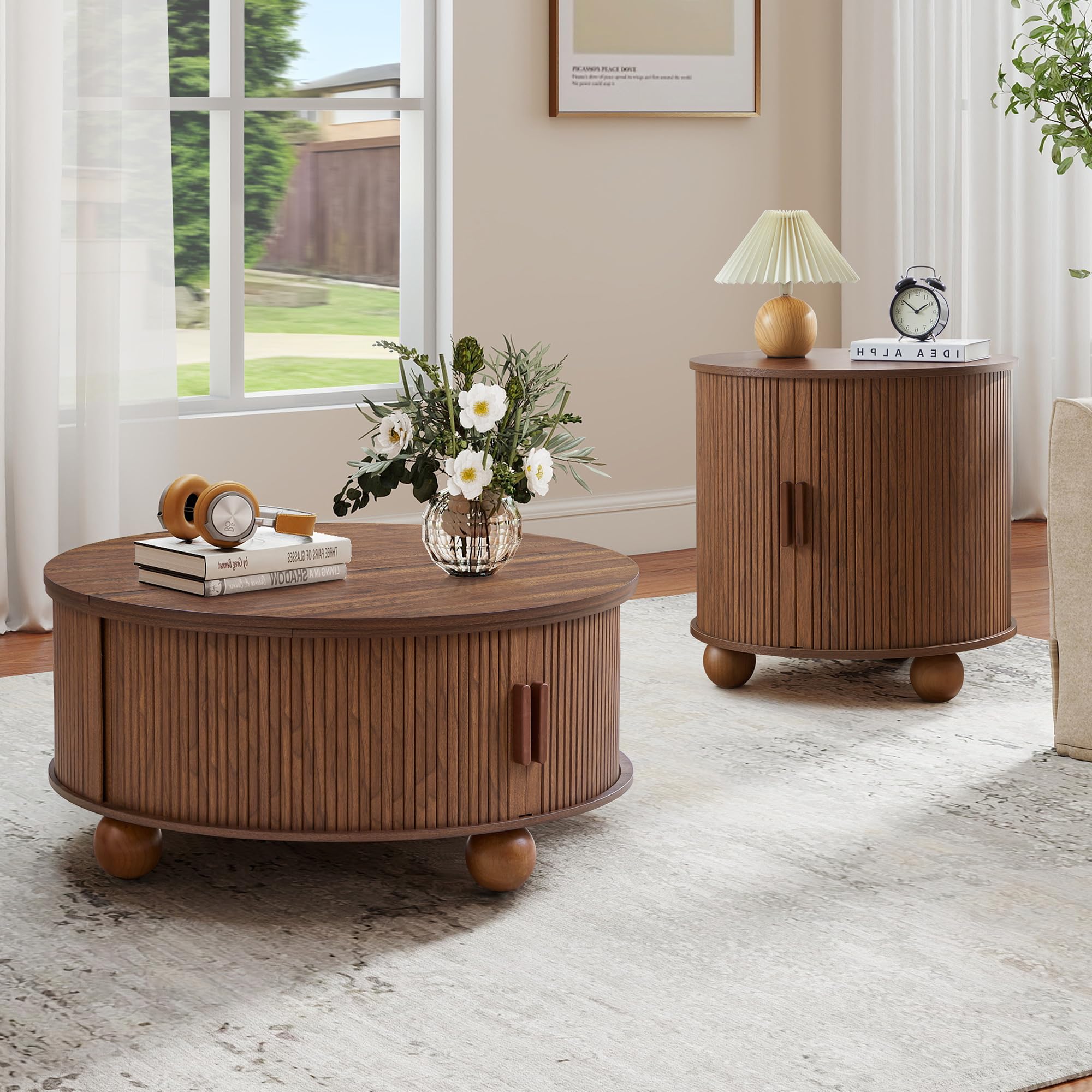 SUJOUCRAFT 33.5" Round Lift-Top Coffee Table with Storage, Mid-Century Wood Fulted Coffee Table with Sliding Door & Ball Legs, Living Room Center Drum Table for Apartment Living Room (Brown)