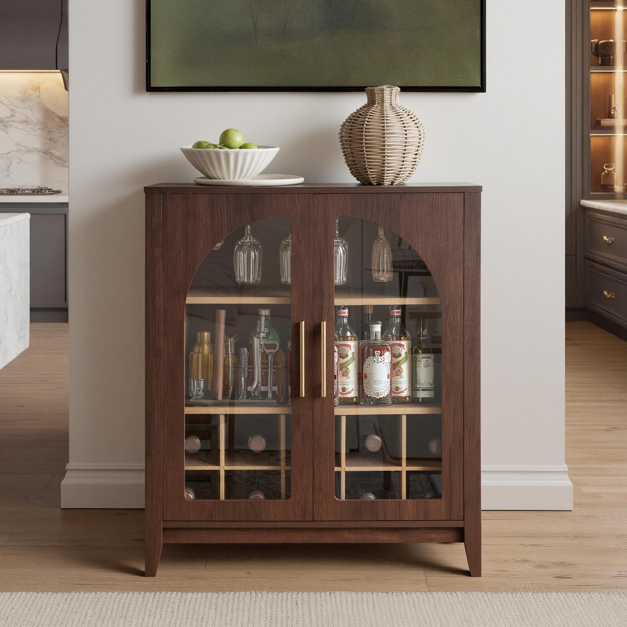 Mid-Century Modern Wine Bar Cabinet with Glass Doors