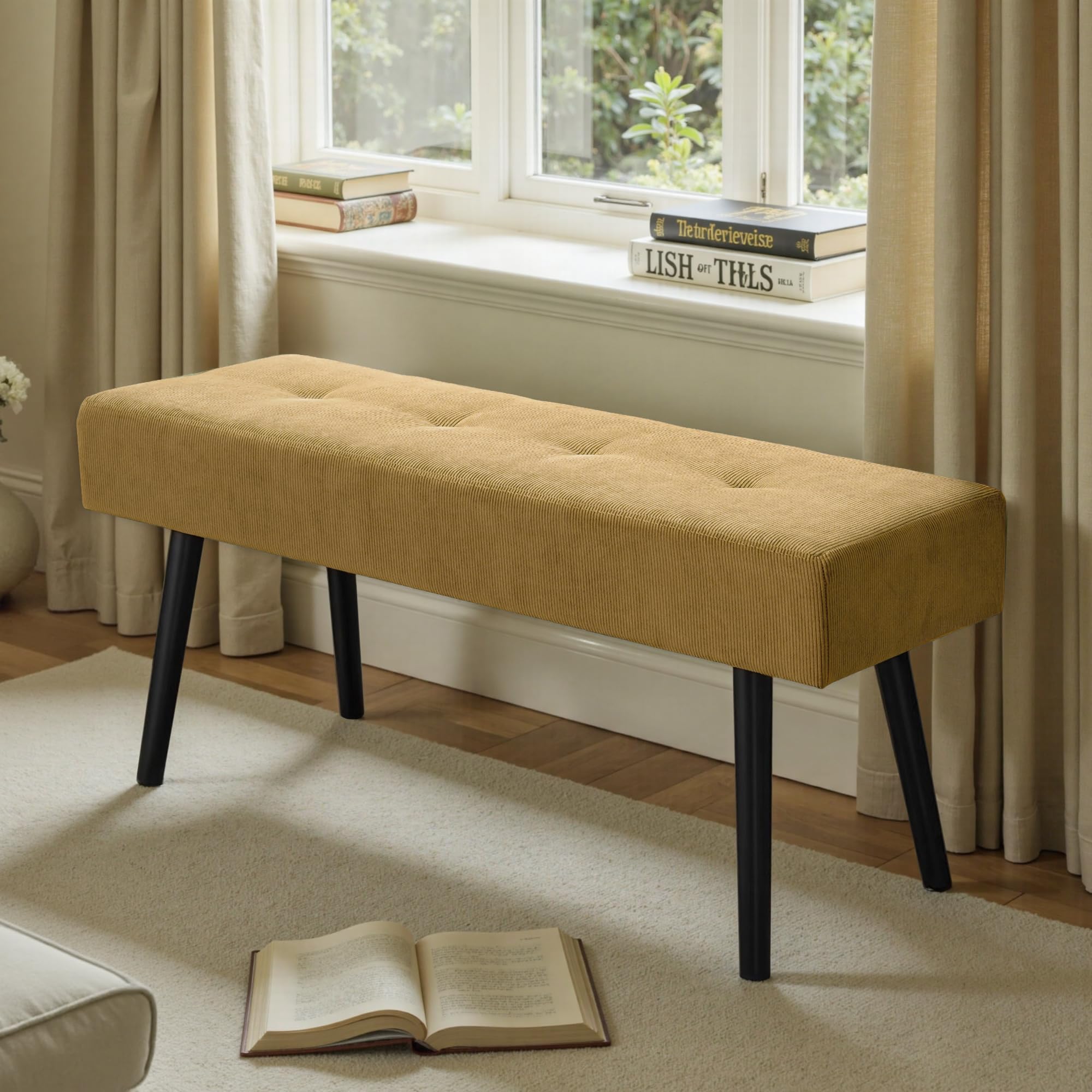Comfy to go Entryway Bench - Bench for Bedroom, Modern Ottoman End of Bed, Corduroy Padded Benches for Living Room, Foyer, Mudroom, Hallway - 39" L x 14" W x 17" H