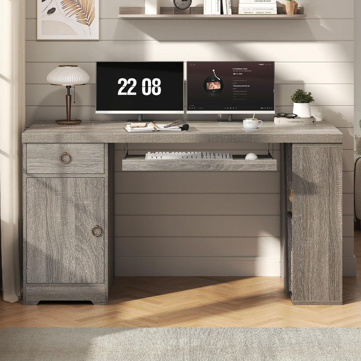 HSH 55" Office Desk with Keyboard Tray, Modern Computer Desk with Storage