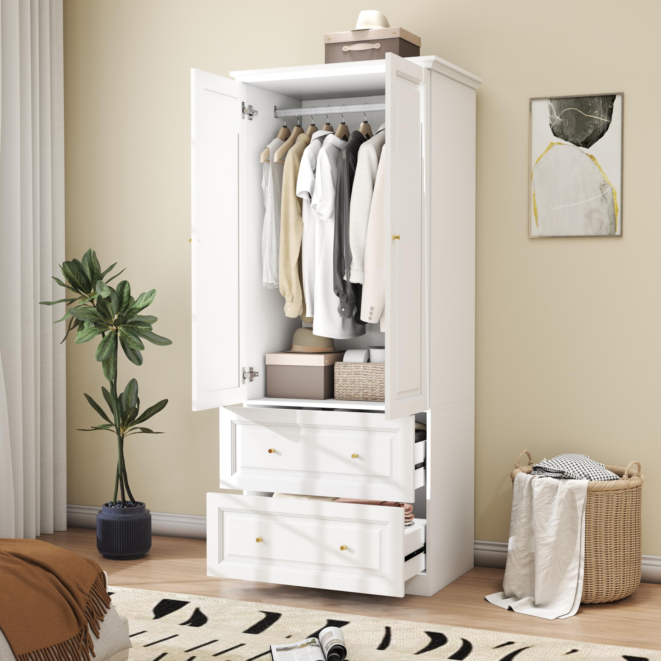 LABROSKIA White Wardrobe with 2 Drawers: 74" Wooden Wardrobe Closet for Hanging Clothes, Tall Armoire Closet with 2 Doors, Bedroom Armoires with Hanging Rod (32")
