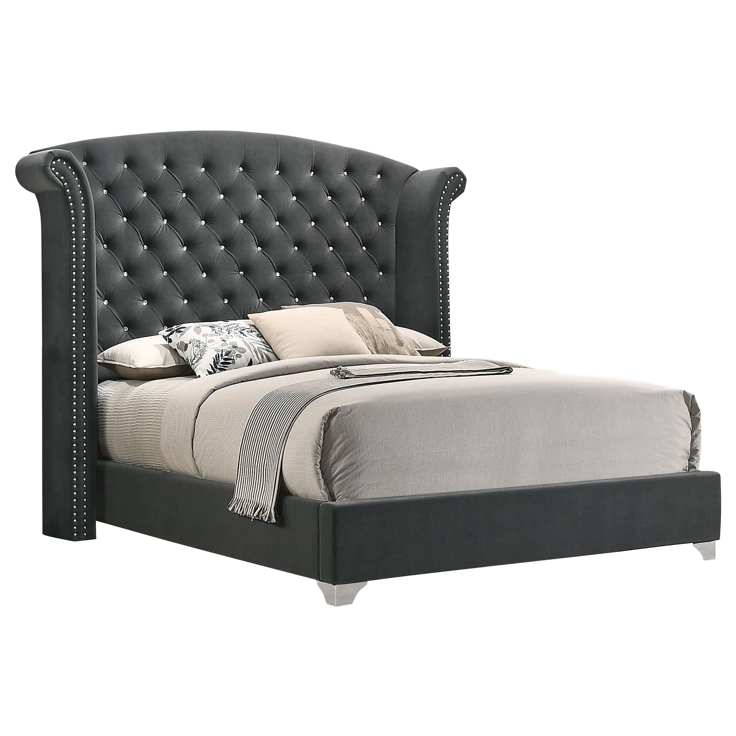 Coaster Home Furnishings Melody Modern Classic 5-Piece Bedroom Set Velvet Upholstered Queen Size Wingback Bed Frame 66-inch Headboard Grey 223381Q-S5
