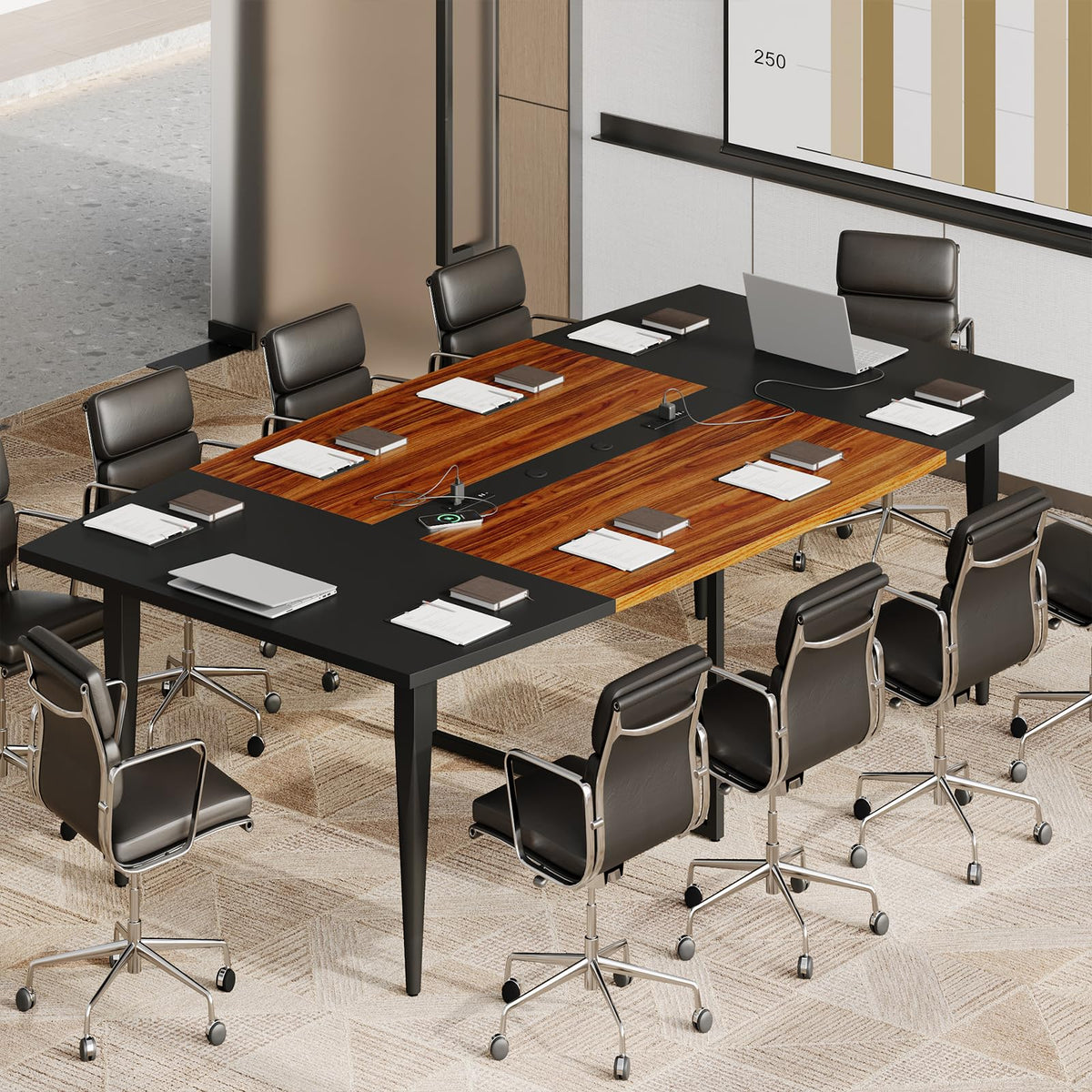 Yanosaku 8FT Conference Table with Power Hubs, Large Meeting Table for 8-10 People, Sturdy Metal Legs, 2 Cable Grommets, Modern Office Conference Table for Conference Room, Office, Meeting Room